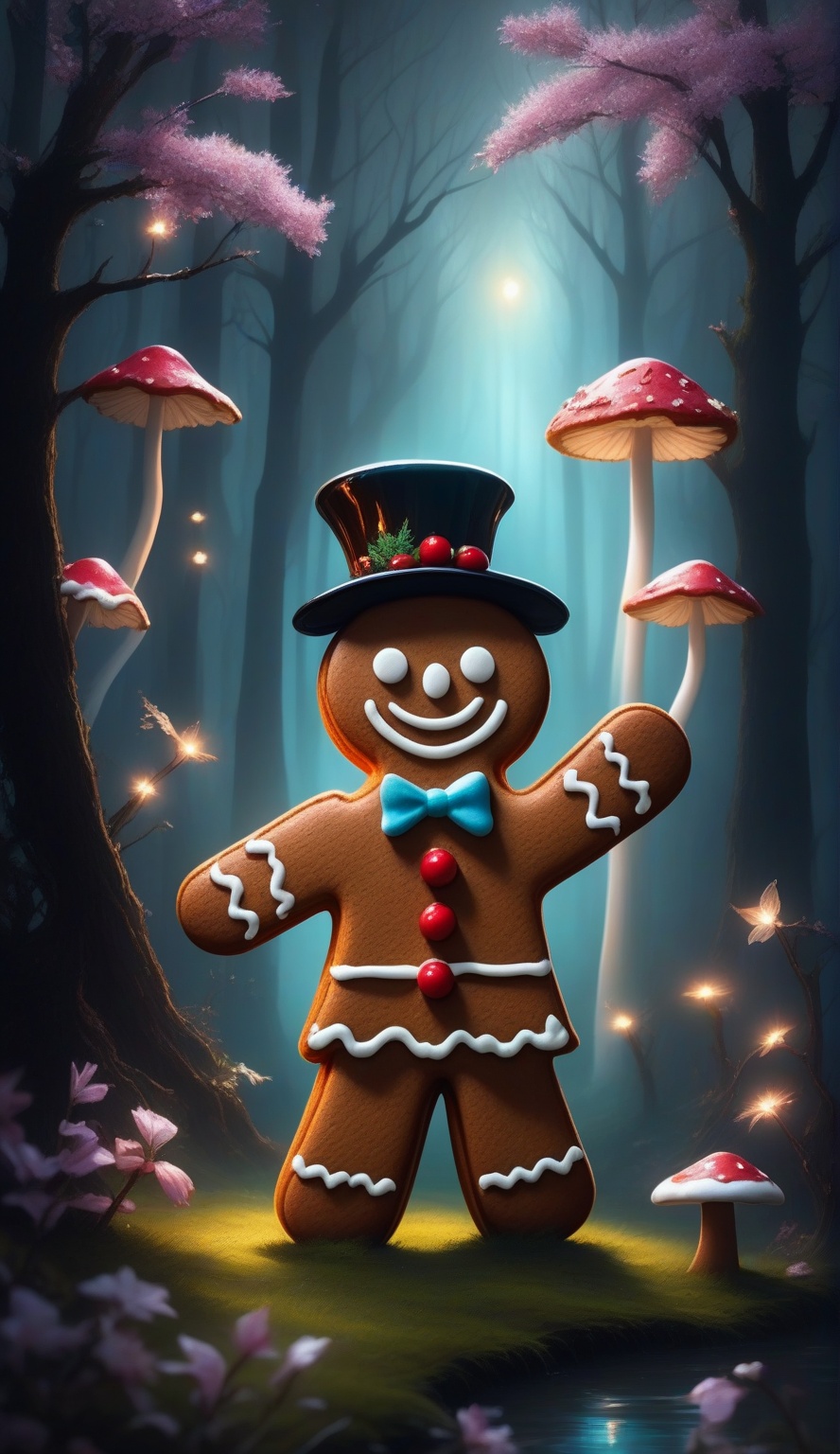 Dark fairy tales,A whimsical gingerbread man in a festive hat,standing amidst an enchanted forest with glowing mushrooms and cherry blossoms.,