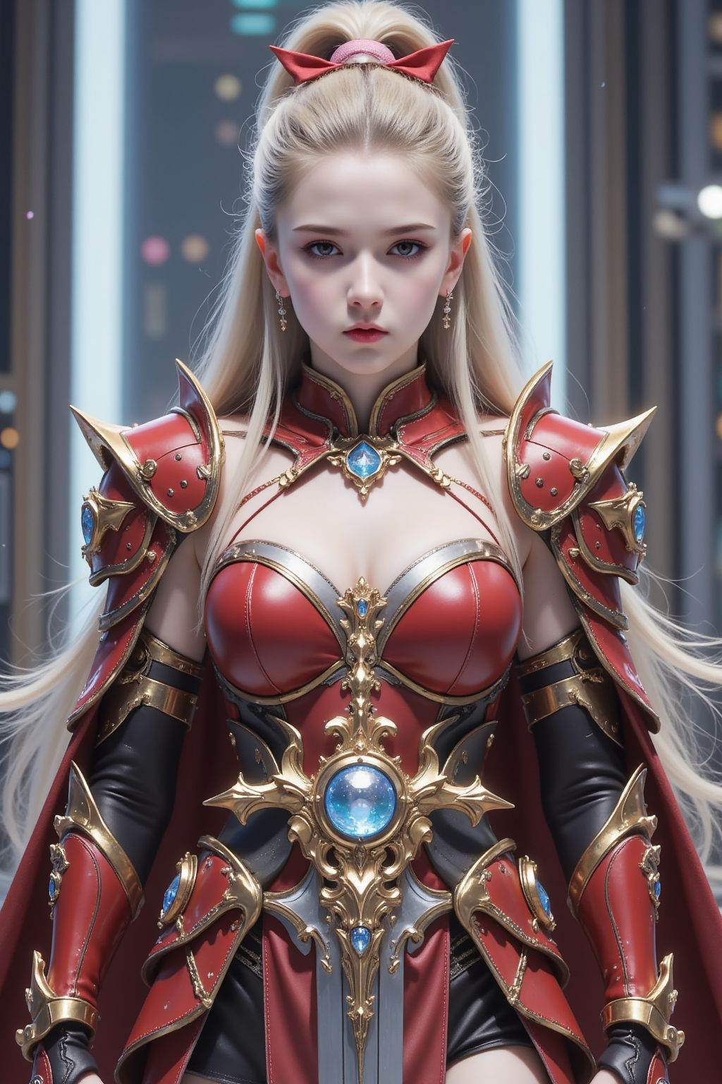 stylized girl with long hair tied in a high ponytail adorned with a pink ribbon and breasts. The character is dressed in intricate red armor with gold accents,including a cape and gauntlets and skirt. They are holding a large ornate sword with a glowing gem orb at its hilt,which is a focal point of the image. The background features a futuristic,high-tech environment with vertical structures and glowing lights,suggesting a sci-fi setting. The character's expression is serious and determined,adding to the overall impression of strength and readiness for action., <lora:20250919_AgainForeignGirlF1Lora:1>