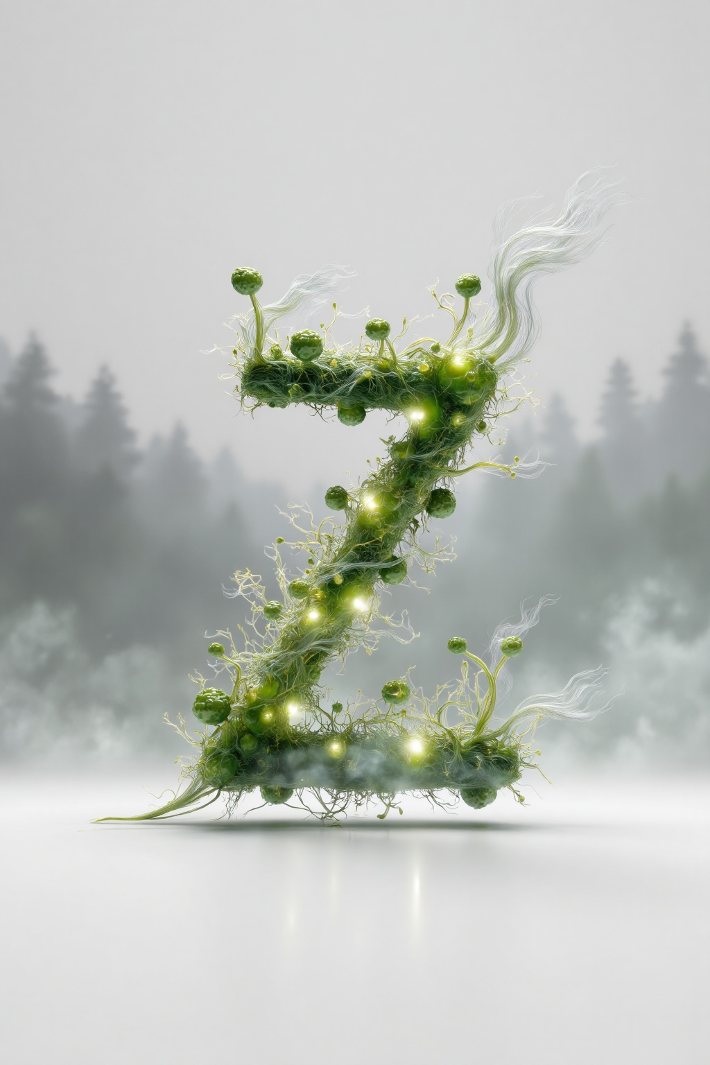 beijihui,3D icon design of letter 'Z', **** of bioluminescent fungal mycelium network glowing soft green tendrils in mist, hyperrealistic, hyperdetail, front view, studio lighting, 100mm lens, white solid background