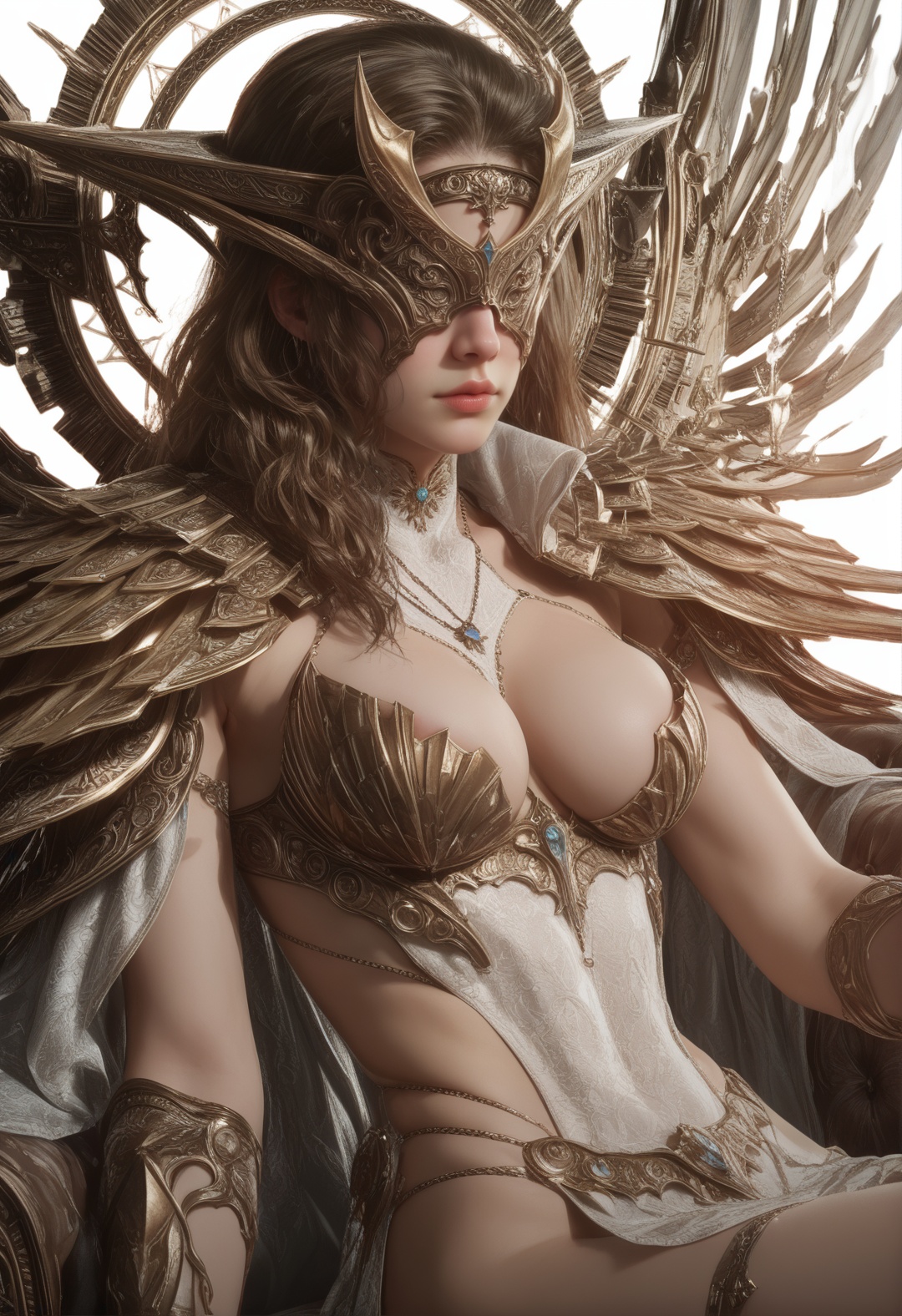 supermodel,score_8_up,score_7_up,hyperdetailed,hyperrealistic,volumetric lighting,focus on face,textured skin,eye lighting,SkinHairDetail,zPDXL,intricate and refined delicate details,unreal engine,very attractive,ultra high res,Expressiveh,realistic skin,score_9,score_8_up,score_9,score_8_up,1 girls,high cold face,yujie,breasts,jewelry,best quality,<lora:77duy:0.8>,armor,breasts,brown hair,cleavage,covered eyes,long hair,necklace,shoulder armor,white background,wings,sit on the sofa,full body,