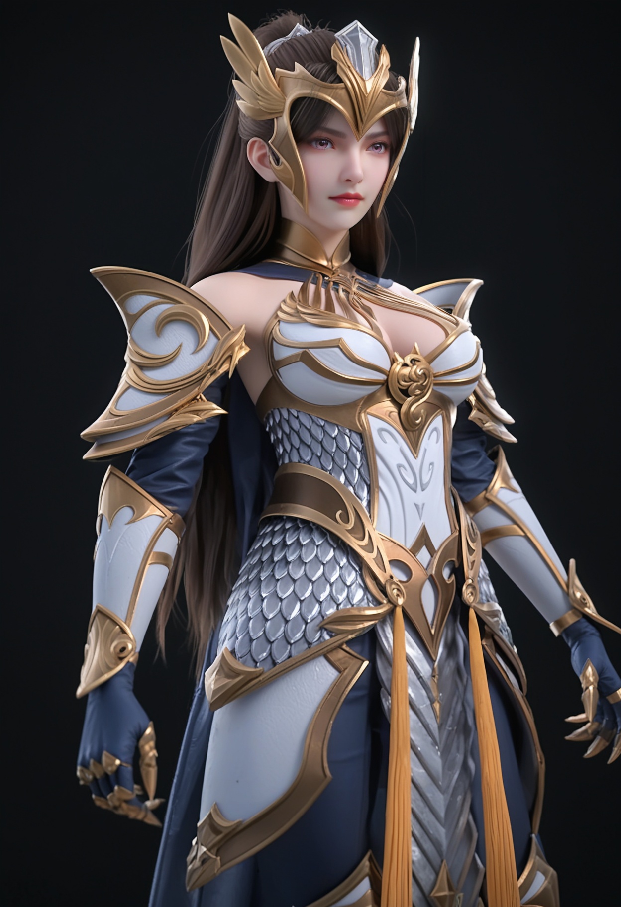 (standing full_body:1.1),score_9,score_8_up,masterpiece,(best quality),intricate details,facing viewer,(looking at viewer:1.1),<lora:YQ_pony_nvzhanshen_V4:0.8>,q1528437228,1girl,solo,long hair,armor,black hair,shoulder armor,gauntlets,brown hair,ponytail,helmet,pauldrons,armored dress,hair ornament,breastplate,gloves,gorget,purple eyes,blue eyes,dress,vambraces,boots,brown eyes,armored boots,cape,BREAK(score_9:1.2),(score_8_up:1.2),masterpiece,best quality,very aesthetic,perfect anatomy,(hourglass),perfect face,(simple background,pure black background,black background:1.1),fair_skin,(shiny_skin:1.1),Ivory_skin,