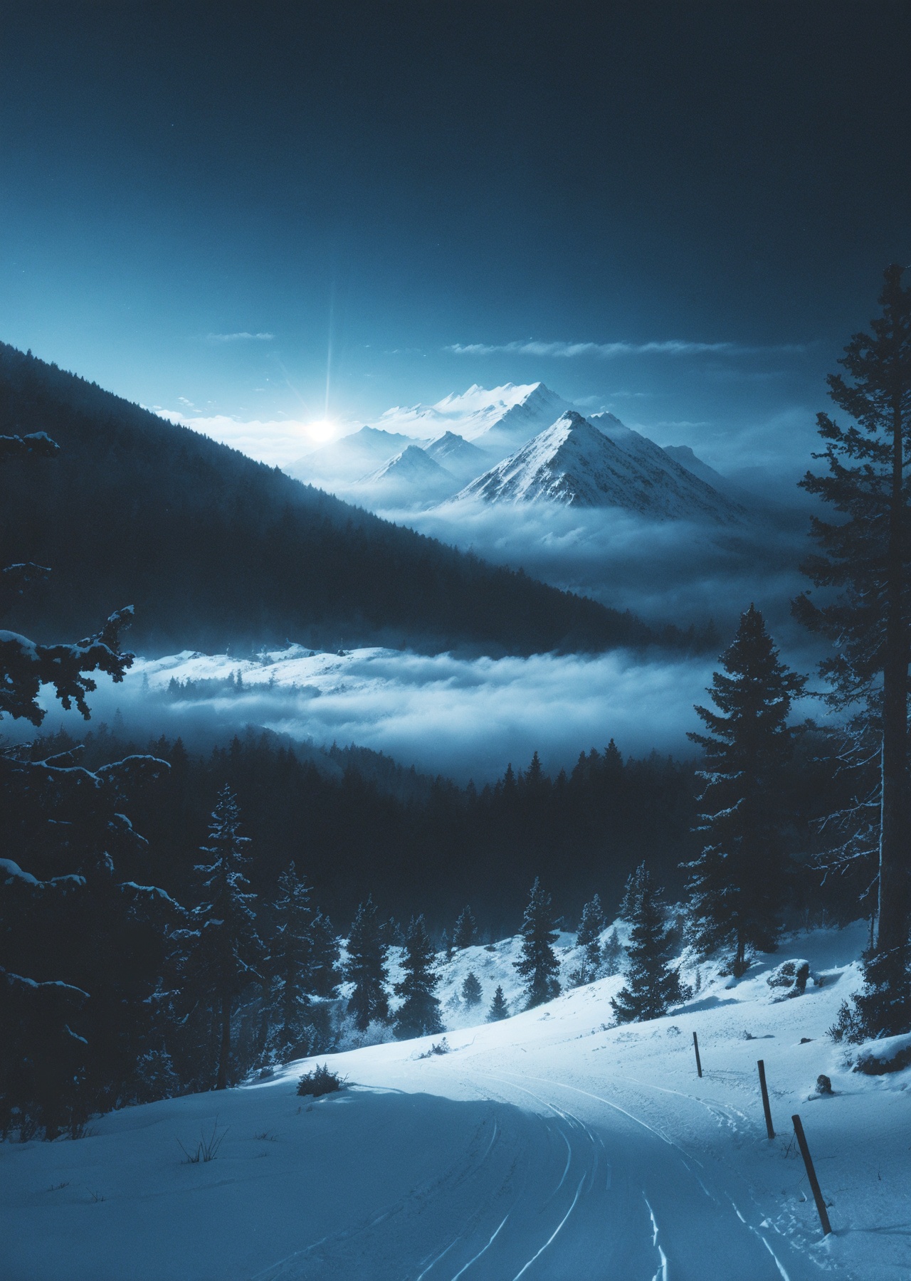 blue,light,glow,(dark),outdoors,mountain,grass,fog,ethereal,fantasy,(snow:1.2),(((no humans,empty))),scenery,wide shot,<lora:lora.by_tusi:0.9>,