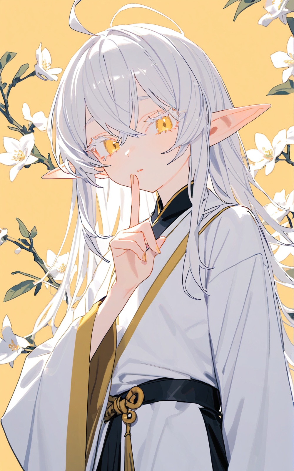 simple background,yellow background,Flower background,reality,(deadflow:1.1),bm tol,(ask \(askzy\):1.1),pastel colors,close-up,portrait,(Focus on the face:1.3),upper body,1girl,solo,elf ears,long hair,white hair,(crossed bangs:1.1),messy hair,ahoge,yellow eyes,White eyelashes,White eyebrows,Long face,flat-chested,(Simple clothing:1.3),yellow edging,(yellow wide right lapel:1.1),(white Taoist robe:1.1),(white hanfu:1.1),sleeves past fingers,Long sleeves,yellow Ancient Chinese belt,(Black kung fu pants:1.1),white knee boots,shushing,