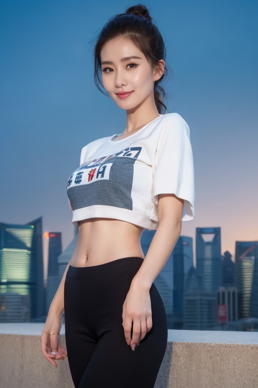 Fujifilm XT3,8k,close up photo,masterpiece,best quality,(((1girl))),solo,realistic,((looking at viewer)),((cowboy_shot)),photorealistic,(extremely detailed face),looking at viewer,((ultra-detailed eyes and pupils)),ultra detailed,serious expression,high_heels,(cropped top:1.4),(sweatshirt crop top:1.5),(detailed art shirts:1.4),medium breasts,cleavage,hot_pants,((standing against a city skyline at night)),(((shanghai beach night view))),narrow_waist,(rooftop),short_sleeves,((navel)),smile,frofesional lighting,shiny skin,bright skin,,<lora:liushishi:1>