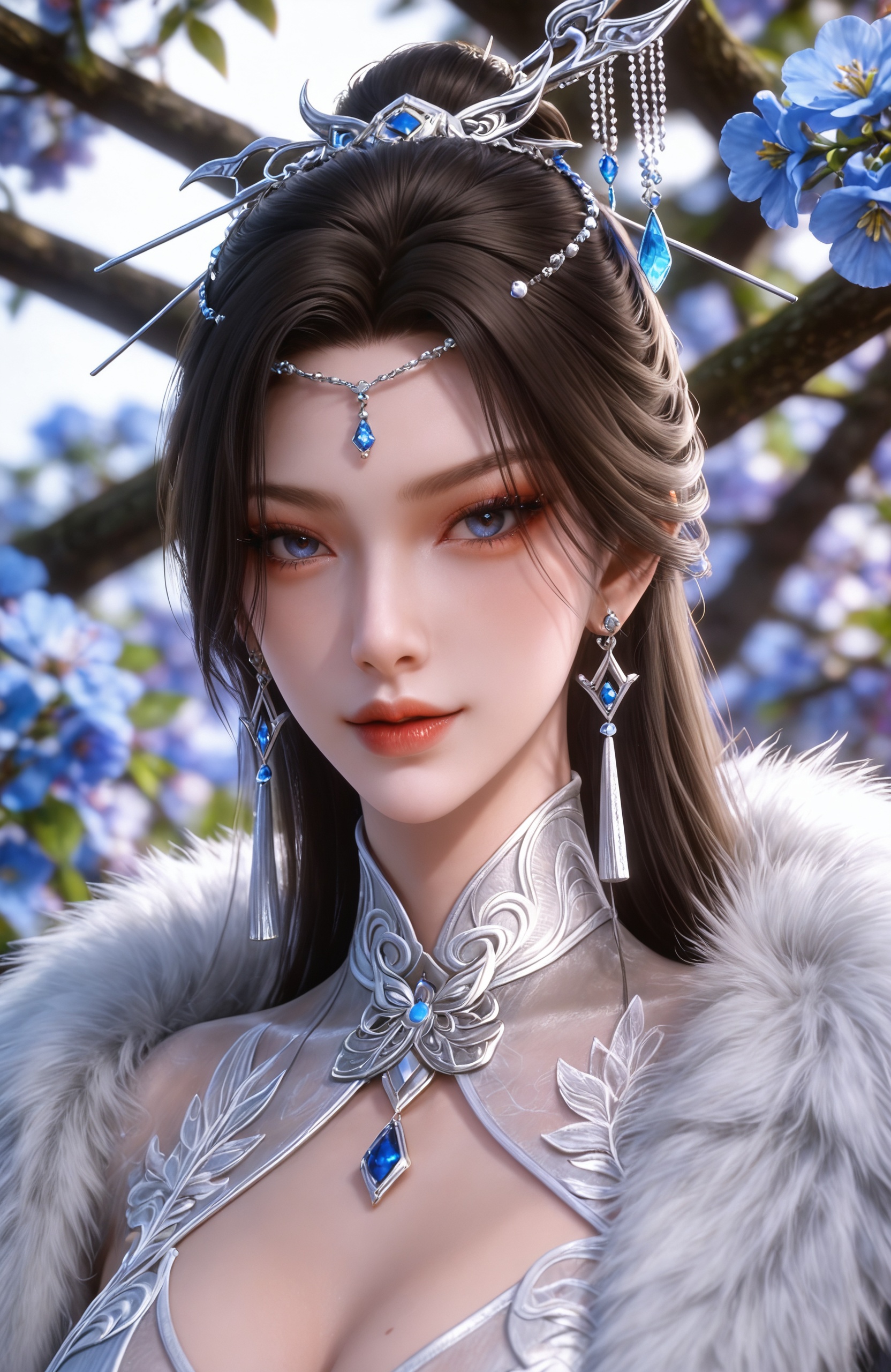 <lora:神墓-南宫仙儿Pony:0.7> 1girl, long hair, hair ornament, earrings, brown hair, hair bun, chinese clothes, white dress, pantyhose,black thighhighs, coat, fur trim, long sleeves, cleavage cutout, black footwear,, realistic style,white background,upper body,looking at viewer,dynamic posture,, realistic style photo,outstanding style,adding a touch of dimension to your images without compromising details,whirls of vapor,ethereal ambiance,delicate details,magical atmosphere,concept art,highly detailed,ultra-high resolution,32K UHD,sharp focus,best-quality,masterpiece,golden hour,unconventional supreme masterpiece,masterful details,temperate atmosphere,with a high-end texture,in the style of fashion photography,magazine style,Dynamic Angle,Dynamic posture,(cowboy_shot:1.2),depth of field,lens flare,extreme aesthetic,masterpiece,best quality,good quality,newest,year 2025,very aesthetic,absurdres,Visual impact,A shot with tension,ultra-high resolution,32K UHD,sharp focus,best-quality,masterpiece,Emotionalization,unconventional supreme masterpiece,masterful details,temperate atmosphere,with a high-end texture,in the style of fashion photography,(Visual impact:1.2),giving the poster a dynamic and visually striking appearance,, solo,  upper body, blue flower, looking at viewer, snowflakes, closed mouth, branch,