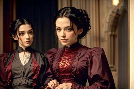 movie still of a woman in a dress flirting with Count Dracula 1890_dr3ss on Tensor.Art