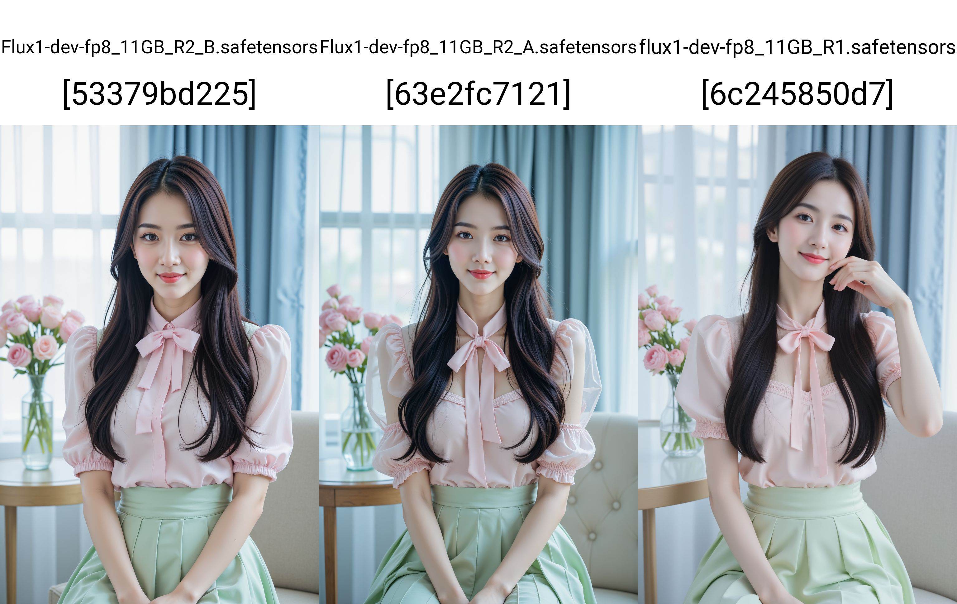 HDR photo of cinematic film still, A photograph of an Asian woman with long black hair, fair skin, and delicate features, smirk, sitting by a window. She wears a sheer, pale pink blouse with puffed sleeves and a bow tie, paired with a high-waisted, light green pleated skirt. She gazes softly at the camera. The background features a light blue curtain and a vase of pink flowers on a windowsill, creating a serene, pastel-toned ambiance.