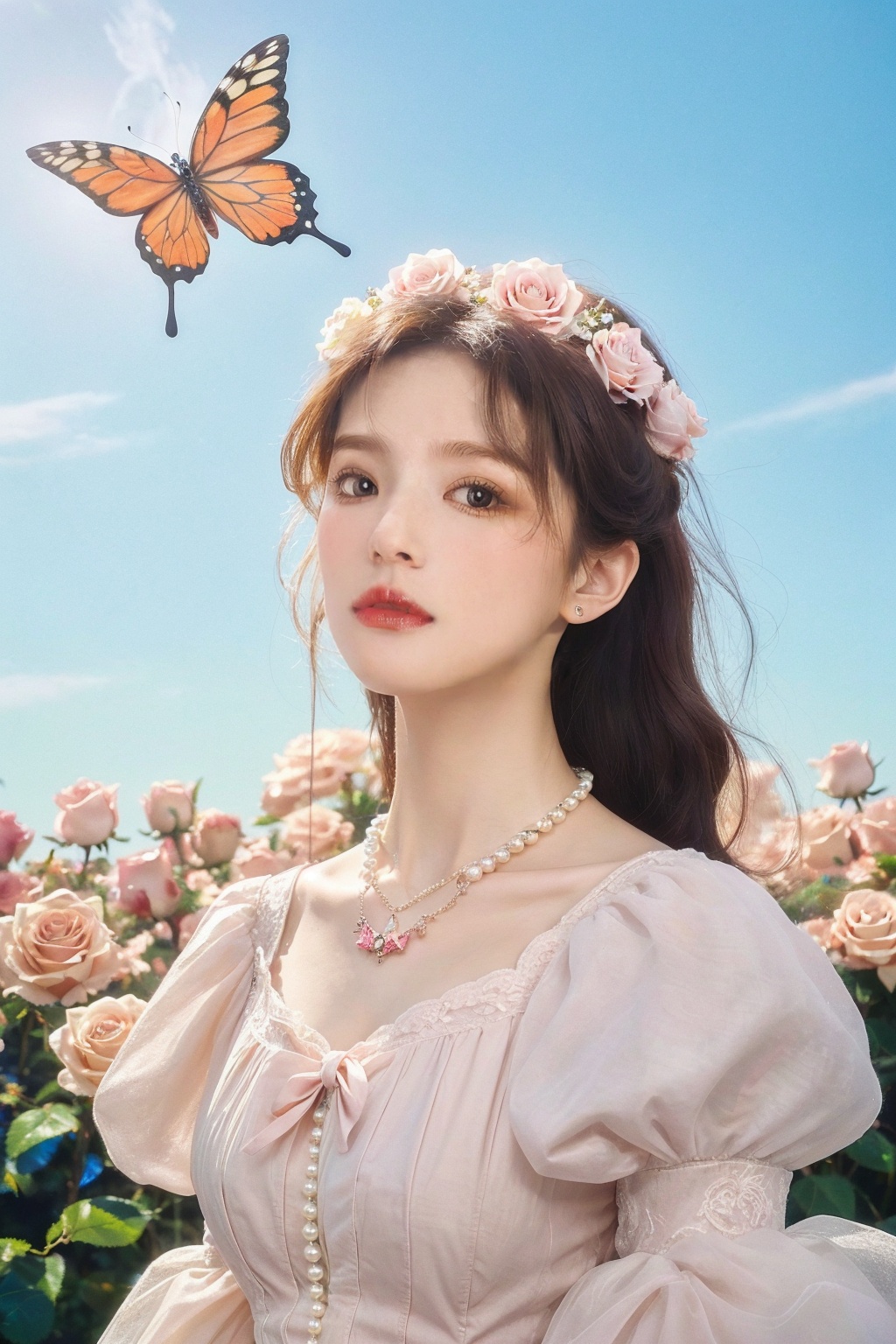 quality,8K,extremely complex details,1girl,lolita,careful eyes,looking_at_viewer,butterfly,gradient art,in the flower cluster,(rose:1.1),sky,(white cloud:0.9),full_shot,necklace,pearls and jewels,<lora:花开富贵:0.8>,