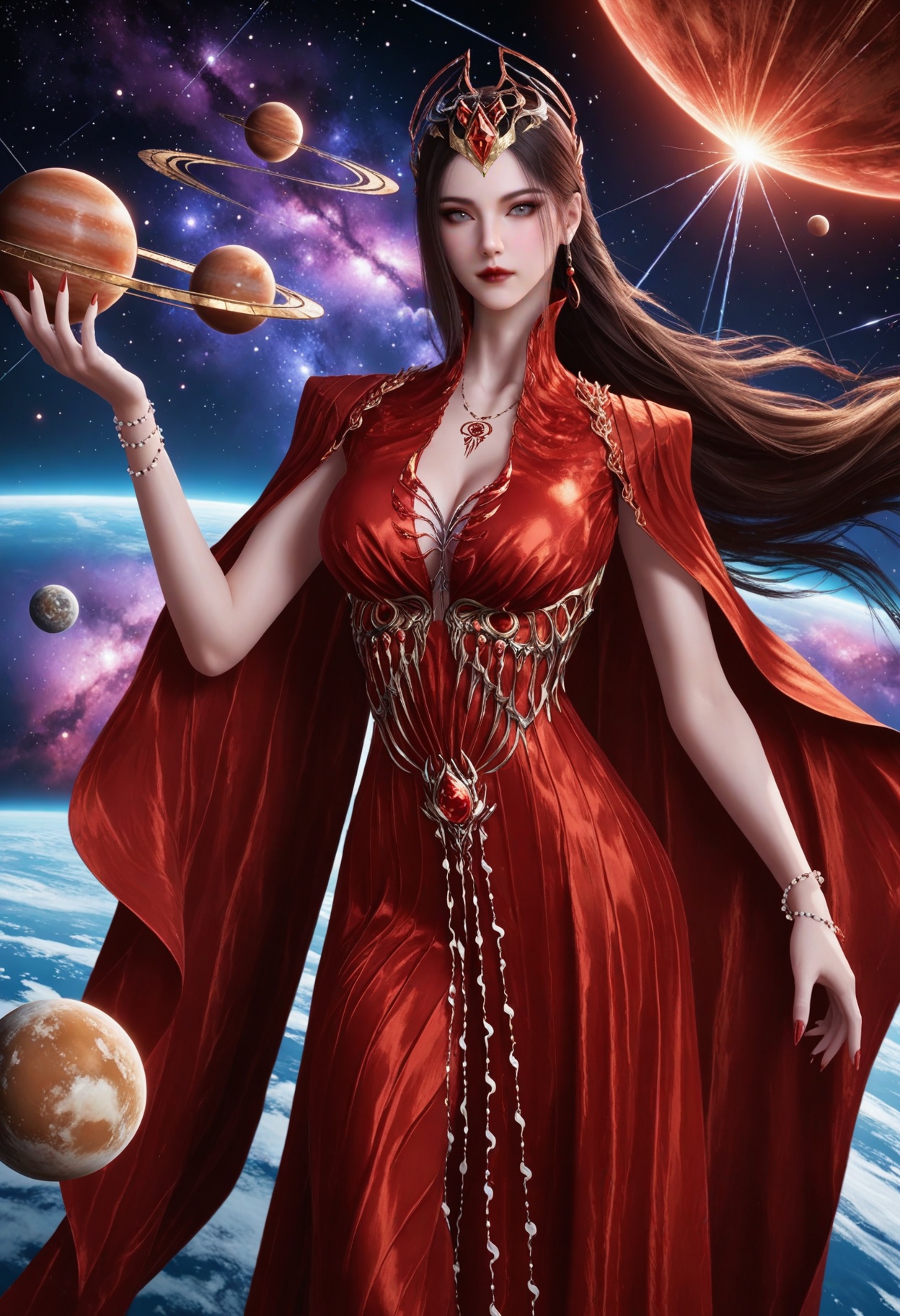 (looking at viewer:1.1),osmic space,countless stars,nebula clouds,purple galaxy,shooting stars,celestial radiance,(huge planetary background:1.1),(large breasts:0.8),yexishui,1girl,solo,long hair,jewelry,red dress,dress,brown hair,closed mouth,realistic,hair ornament,earrings,cape,grey eyes,necklace,bracelet,red lips,barefoot sandals \(jewelry\),high heels BREAK masterpiece,(best quality),(intricate details:0.9),(realistic skin:1.2),<lora:QQSillyexishuiV1:0.8>,