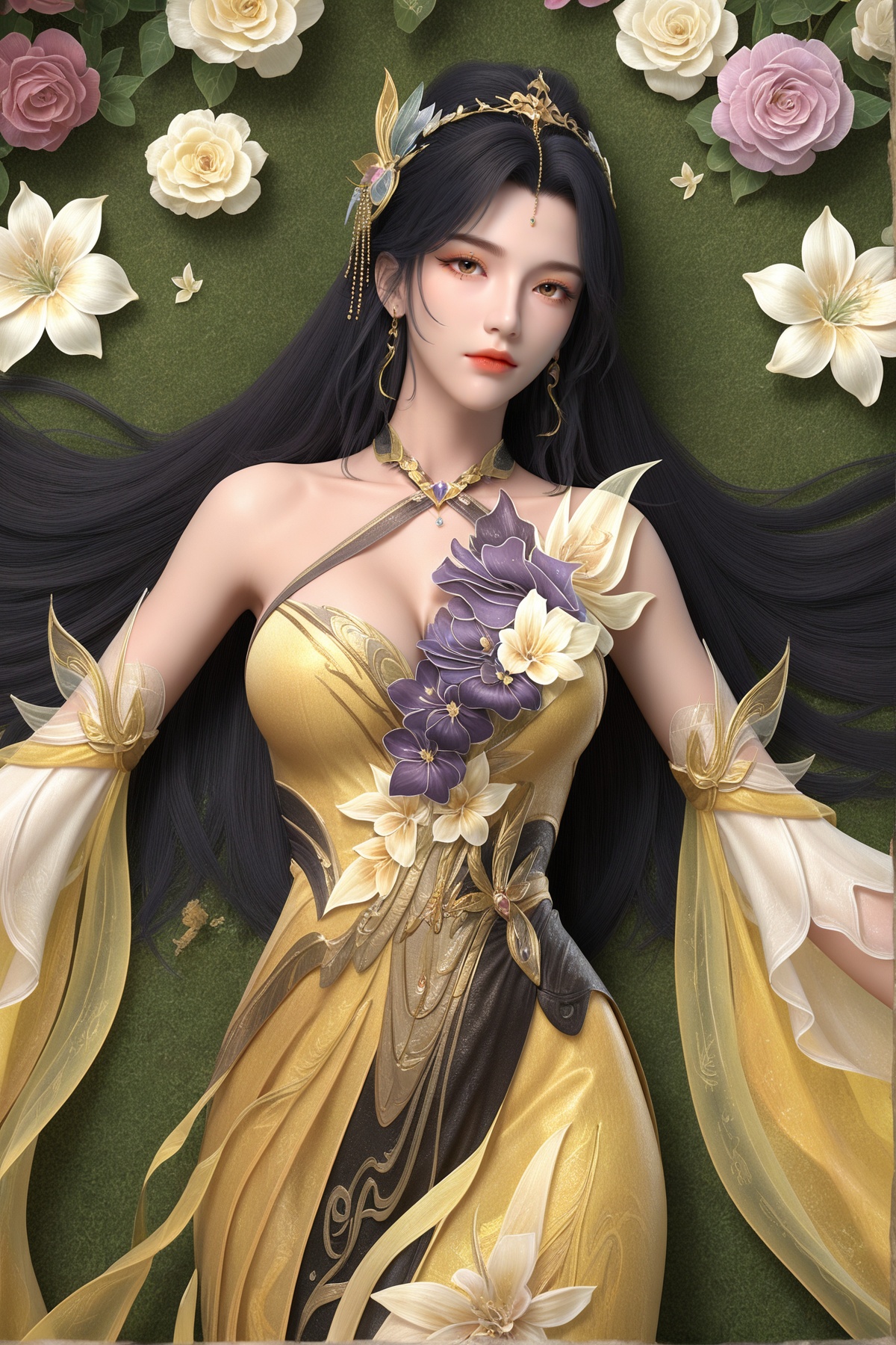 score_9,score_8_up,score_7_up,<lora:wy_wangxi_XLcs:0.8>,1girl,long hair,breast,big breasts,earrings,hair_ornament,dress,brown eyes,black hair,yellow_dress,flower,many flowers,very many flowers,wetting,dark,upper_body,from_above,between_breasts,cleavage,between breasts,