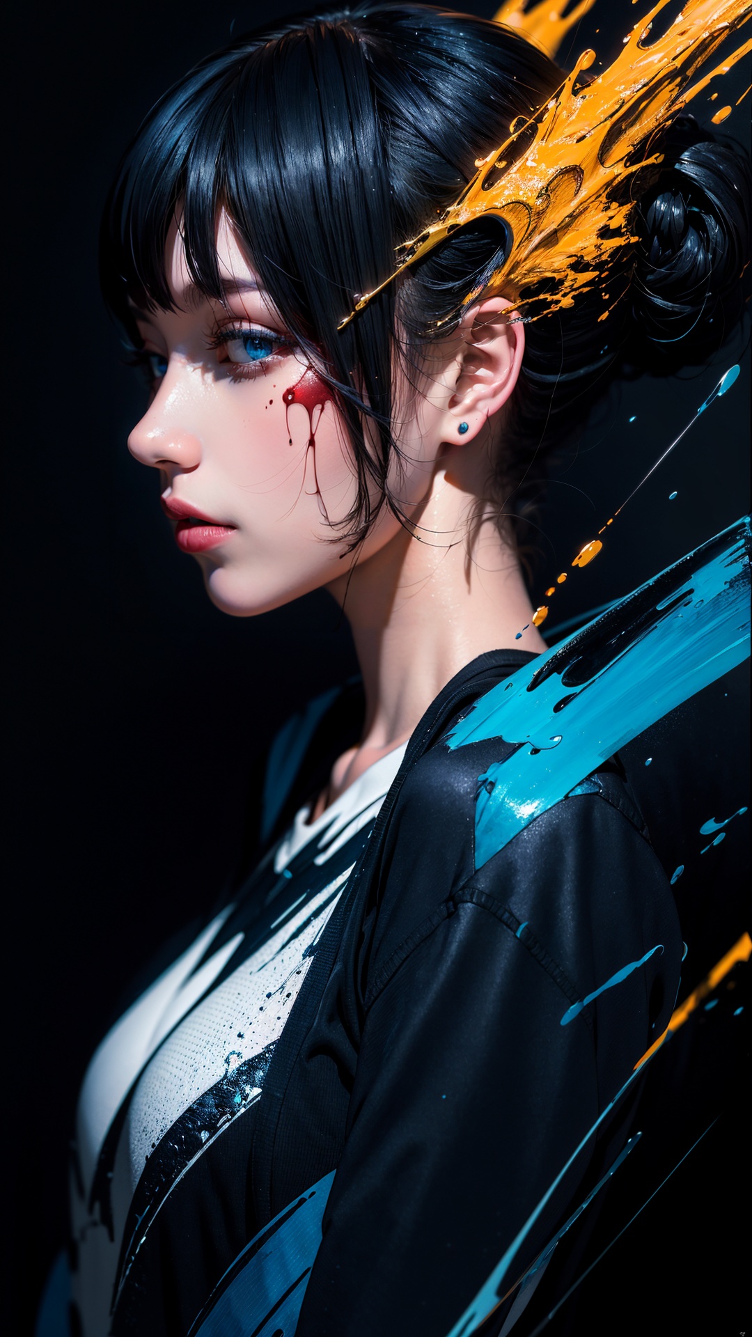 masterpiece, best quality, ultra high res, 1girl, (abstract art:1.4), bleeding blue, blue theme, visually stunning, beautiful, evocative, emotional, side view
