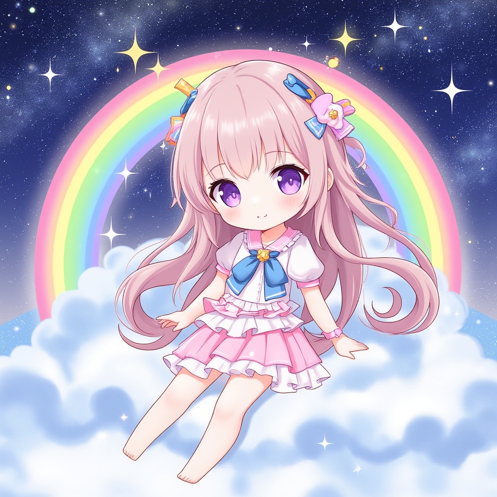 chibi,an anime girl,chibi,floating and rainbow long hair,Iridescence and rainbow, beautiful detailed starry sky,