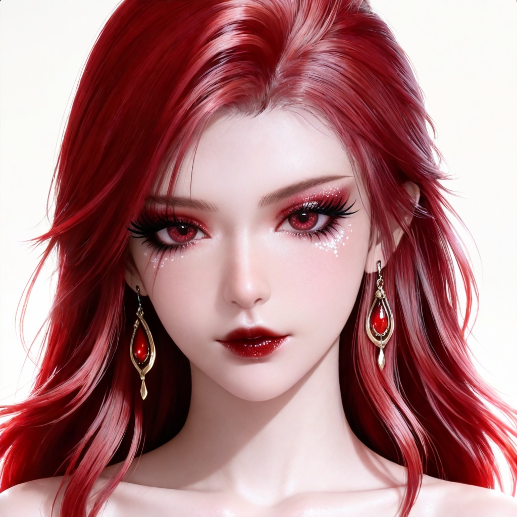 masterpiece,high quality,tall,game cg,highres,(soft light:1.2),white_skin,(shiny_skin:0.6),(realistic:1.1),<lora:马小桃·衣服百搭款·化妆:0.8>,maxiaotao, 1girl, solo, earrings, jewelry, red hair, looking at viewer, red lips, makeup, long hair, white background, portrait, red eyes, eyelashes, simple background, eyeshadow, collarbone, lipstick, bare shoulders, realistic, mascara