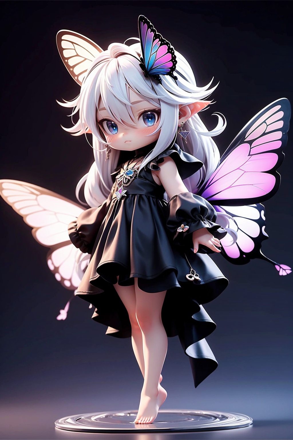 1girl, solo, long hair, butterfly, white hair, hair ornament, dress, barefoot, jewelry, blue butterfly, blue eyes, earrings, full body, flower, Simple background