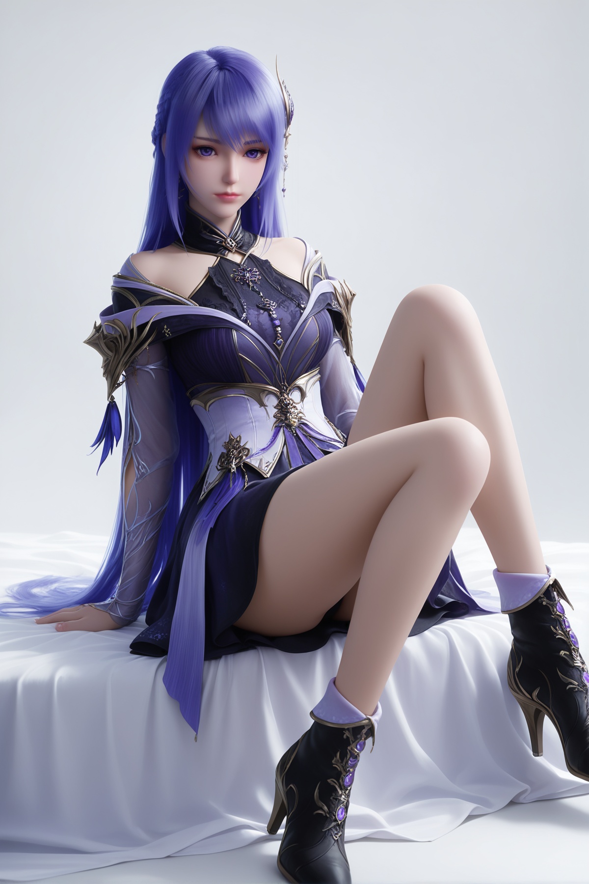 masterpiece,best quality,realistic,cinematic,detail eyes,(ultra-detailed),perfect composition,intricate details,absurdres,detailed face,high quality,high res,8K,<lora:X_shengcaier_zy_IL3.0s:0.8>,purple hair,purple eyes,1girl,long hair,breast,medium breast,hair_ornament,dress,bare_legs,sitting,simple background,white_background,bed,black footwear,boots,ankle boots,high heel boots,looking_at_viewer,