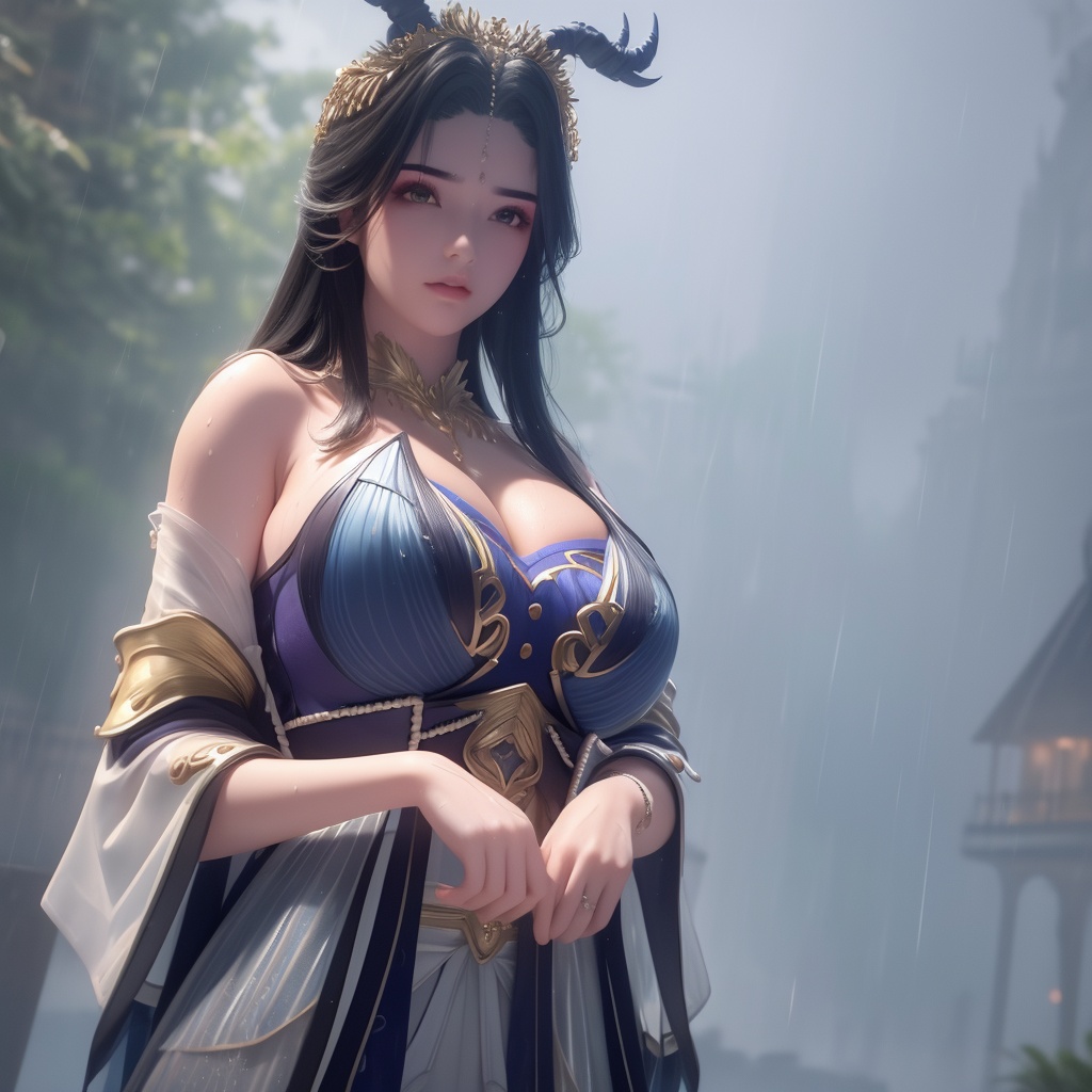 <lora:642-DA-完美世界-龙女:0.8>(,1girl, ,best quality, ),looking at viewer,masterpiece, (( , )),,ultra realistic 8k cg, ,      ,building, bare_shoulders,cleavage cutout, eyelashes,magic,hydrokinesis,sweat, wet, rain, ,       (cleavage), (),