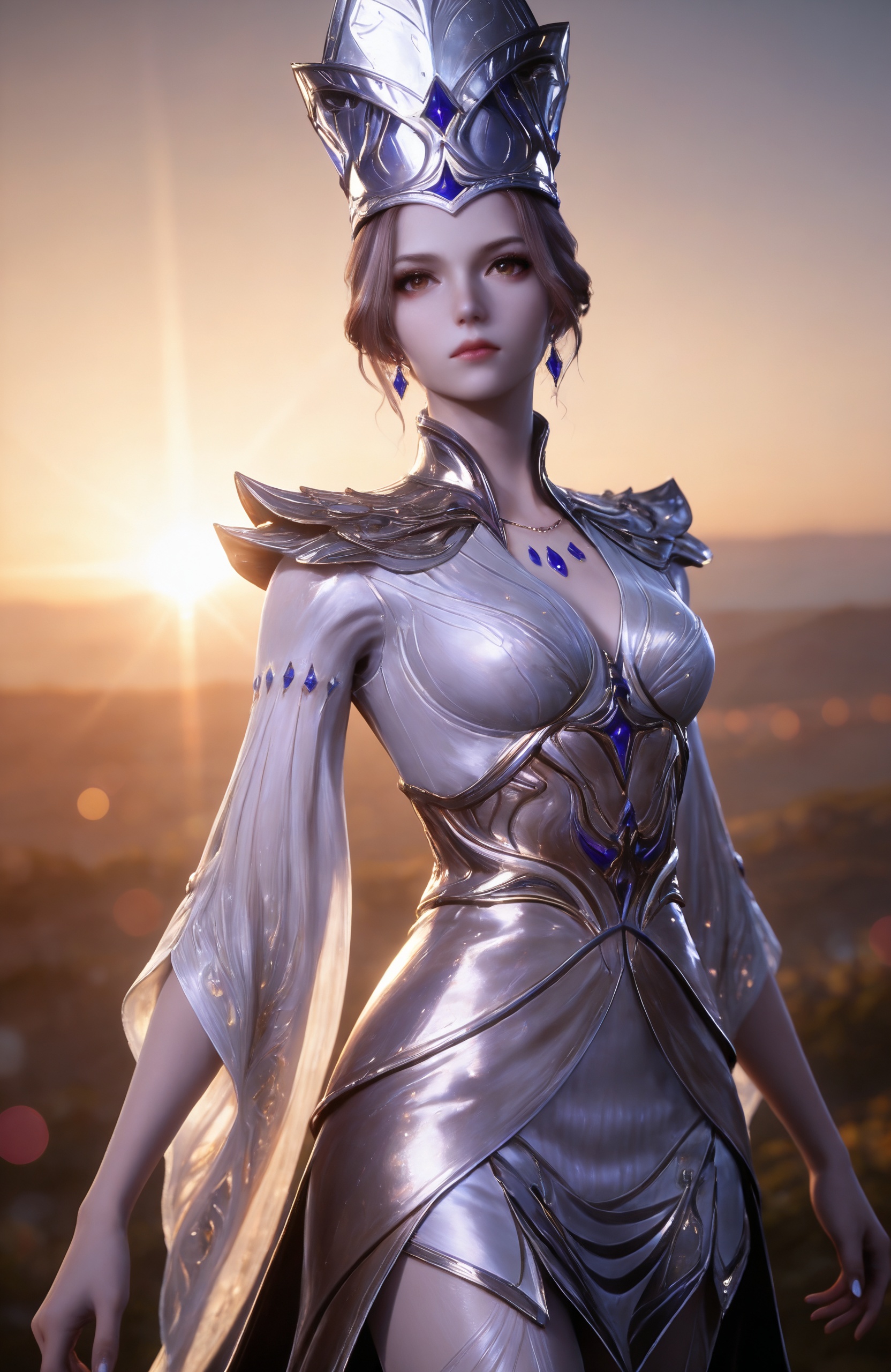 <lora:斗罗大陆1-比比东IL:0.7> 1girl, brown eyes, brown hair, hat, armor, white dress, jewelry, gem, earrings,  crown,pantyhose,high heels,, realistic style photo,outstanding style,Use soft lighting to cast gentle shadows on the subject,adding a touch of dimension to your images without compromising details,whirls of vapor,(Anime:1.1),soft neon light,ethereal ambiance,delicate details,magical atmosphere,concept art,highly detailed,ultra-high resolution,32K UHD,sharp focus,best-quality,masterpiece,golden hour,unconventional supreme masterpiece,masterful details,temperate atmosphere,with a high-end texture,in the style of fashion photography,magazine style,Dynamic Angle,Dynamic posture,magazine style,Dynamic Angle,Dynamic posture,(cowboy_shot:1.2),eye trail,depth of field,cinematic lighting,lens flare,close-up,extreme aesthetic,(wlop:0.6),(honjou raita,lack,rella,wanke:0.5),masterpiece,best quality,good quality,newest,year 2025,very aesthetic,absurdres,Visual impact,A shot with tension,ultra-high resolution,32K UHD,sharp focus,best-quality,masterpiece,Emotionalization,unconventional supreme masterpiece,masterful details,temperate atmosphere,with a high-end texture,in the style of fashion photography,(Visual impact:1.2),giving the poster a dynamic and visually striking appearance,