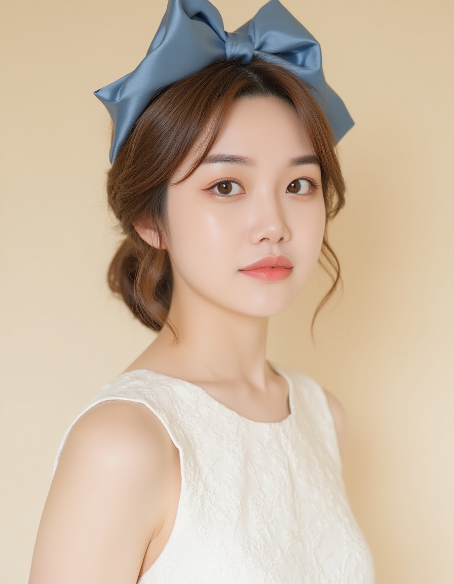 A photograph features a young Asian woman with fair skin and a slender build. She has wavy, light brown hair adorned with a large, satin blue bow. Her makeup is subtle, with a natural look. She wears a white, sleeveless, textured dress with delicate floral patterns. Her expression is calm and serene as she gazes slightly to the side. The background is a plain, light beige, ensuring the focus remains on her. The image has a soft, dreamy quality, emphasizing elegance and innocence.