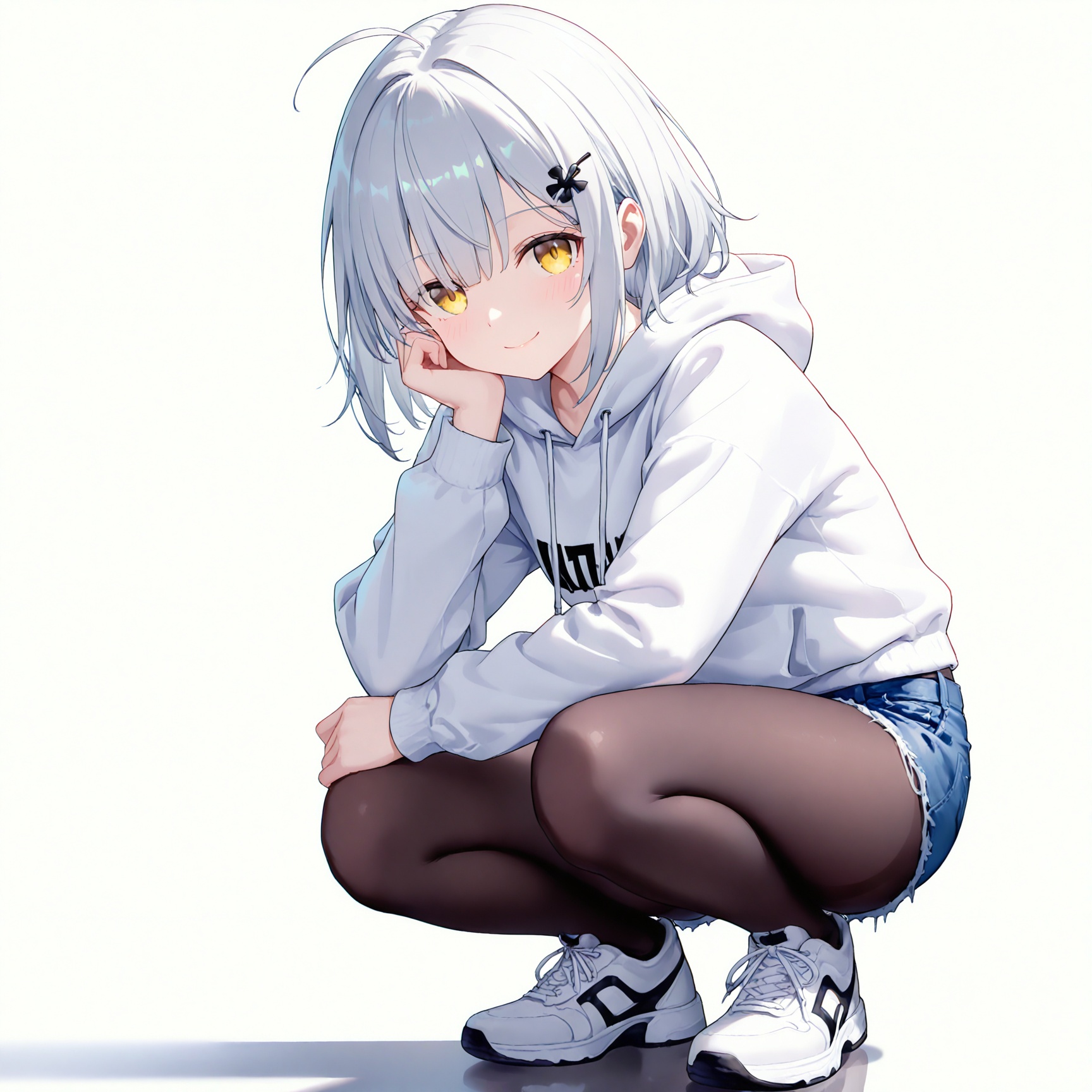 masterpiece,very awa,highres,absurdres,newest,best quality,white_background,simple_background,//,1girl,pantyhose,bunches,squatting,silver hair,solo,black_pantyhose,shorts,hoodie,hood,hair_ornament,shoes,white_hoodie,white_footwear,yellow_eyes,denim_shorts,looking_at_viewer,sneakers,denim,hairclip,pantyhose_under_shorts,blue_shorts,closed_mouth,smile,blush,long_sleeves,thighs,drawstring,ahoge,//,year_2023,year_2024,//,//,<lora:buzhidao228——【noob】hans:0.8>,