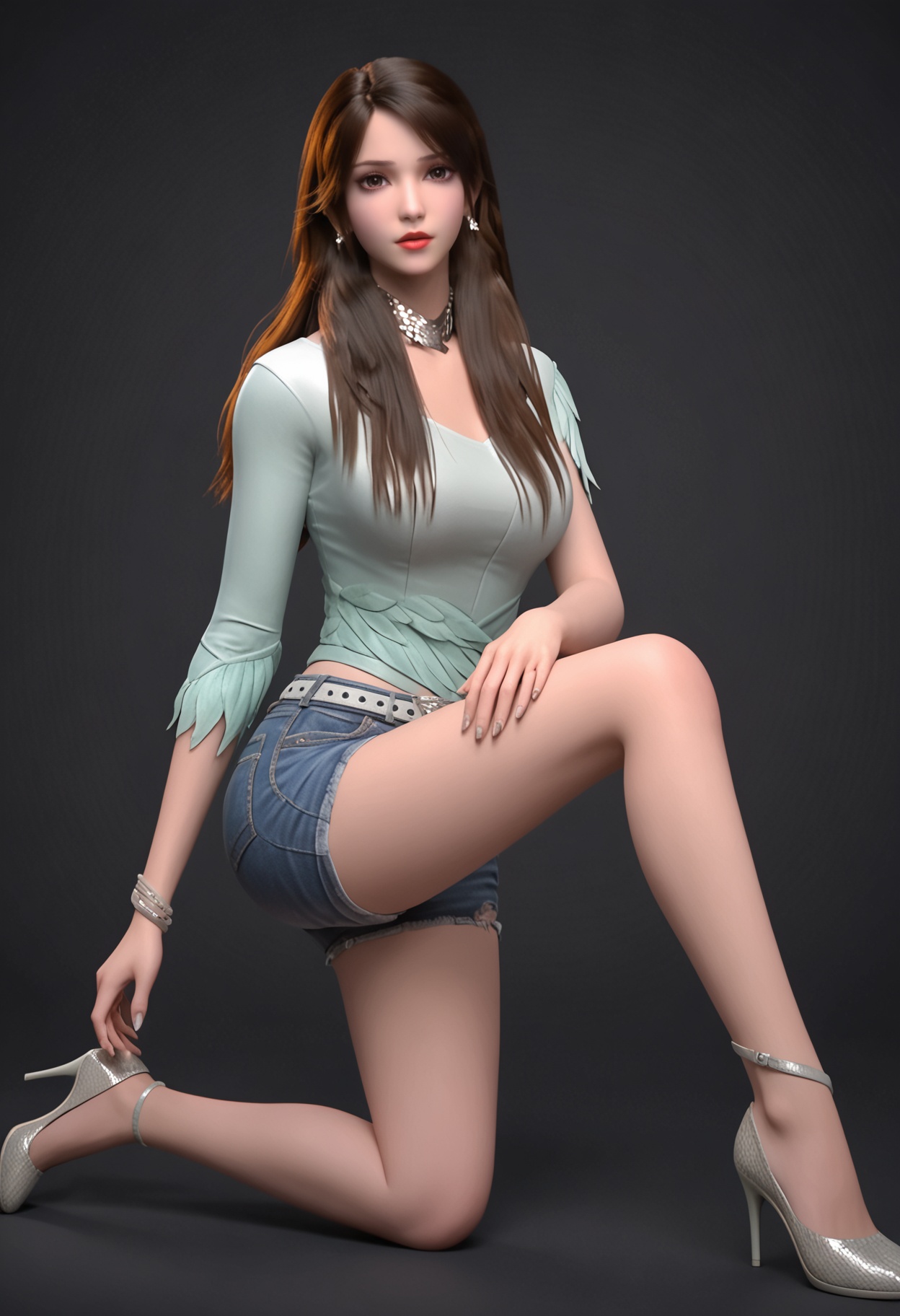 score_9,looking_at_viewer,(large breasts:0.8),1girl,solo,brown hair,long hair,realistic,brown eyes,lips,jewelry,earrings,shirt,necklace,red lips,denim,shorts,belt,high heels,(simple background,pure black background,black background:1.1),perfect_anatomy,<lora:QQSponybaizhiV1:0.8>,