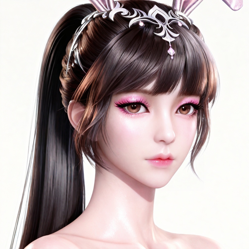 masterpiece,high quality,tall,game cg,highres,(soft light:1.2),white_skin,(shiny_skin:0.6),(realistic:1.1),<lora:小舞·衣服百搭款款·化妆:0.8>,xiaowu,1girl,animal ears,solo,rabbit ears,brown hair,hair ornament,long hair,closed mouth,ponytail,realistic,brown eyes,black hair,bare shoulders,white_background,makeup,eyeshadow,false eyelashes,longeyelashes,(shiny eyeshadow:1.2),looking_at_viewer,pink eyeshadow,mascara,glitter,upper_body,