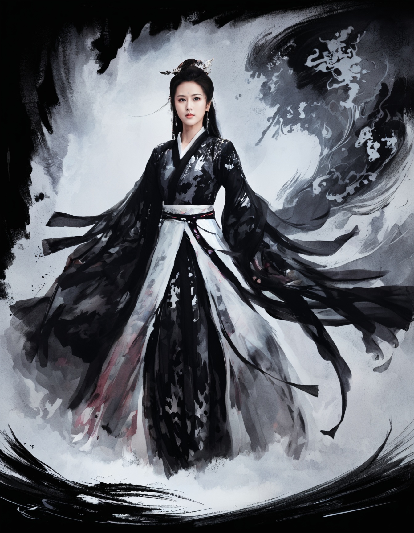 concept art ink wash painting of dramatic Dao Ma Dan a chinese woman in hanfu . opera roles, female warriors, and powerful performances . monochromatic, loose, fluid, expressive, delicate,colorful . digital artwork, illustrative, painterly, matte painting, highly detailed