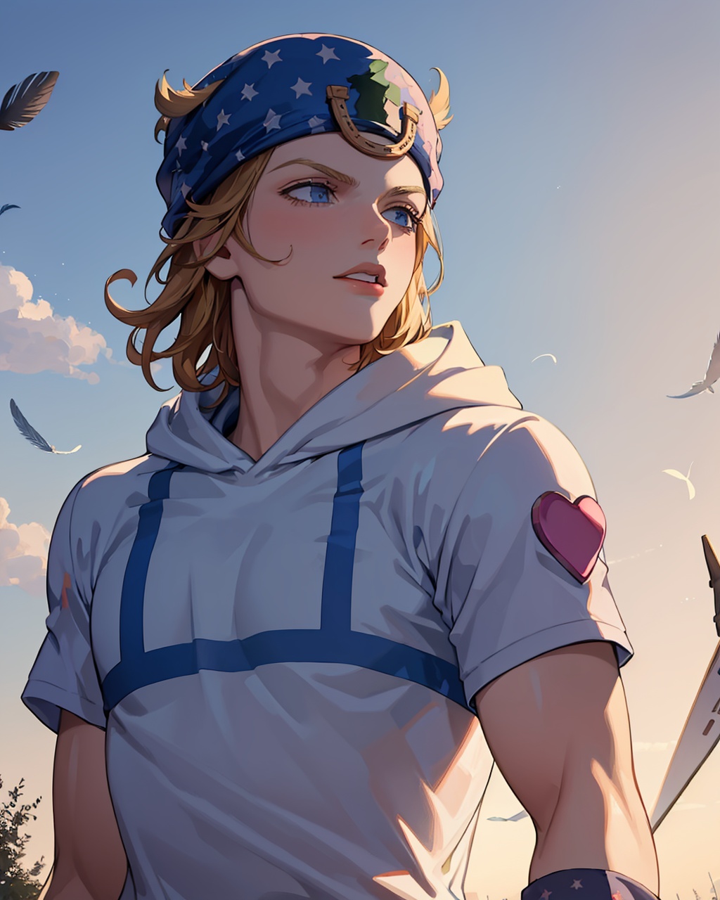 masterpiece,best quality, highly detailed, johnny joestar,solo, 1boy, hat, male focus, hoodie, star (symbol), wristband, feathers,<lora:johnny_joestar:1>