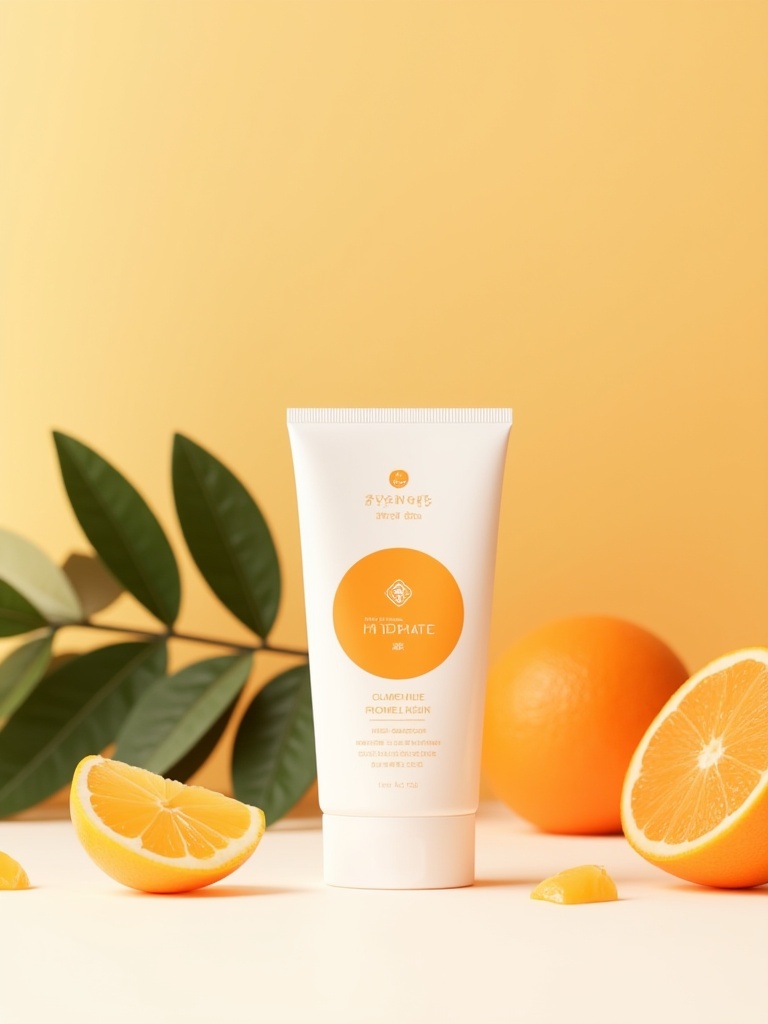 miluo_bzqx, This is a photograph featuring a minimalist, stylish arrangement of beauty products and fresh fruits against a warm, gradient background. The background transitions from a light yellow at the top to a soft orange at the bottom, creating a soothing, inviting ambiance. Central to the image is a white tube of skincare product with a round orange label and the word "HYDRATE" printed in elegant white letters. The label also includes a small, stylized orange and white logo.To the left of the tube, there is a lush green leafy plant with broad leaves, adding a touch of natural beauty. Surrounding the skincare tube are various citrus fruits, including a halved orange placed in the bottom left corner, a whole orange to the right of the tube, and another halved orange positioned behind the tube, slightly to the right. Scattered around are small orange slices, enhancing the fresh, citrusy theme.The arrangement is set on a clean, white surface that contrasts with the warm colors of the background and products. The overall aesthetic is clean and modern, emphasizing the natural and refreshing qualities of the products. The photograph captures a sense of elegance and simplicity, making it visually appealing and easy to understand.<lora:miluo丨包装设计-小清新-flux-1.3:1>