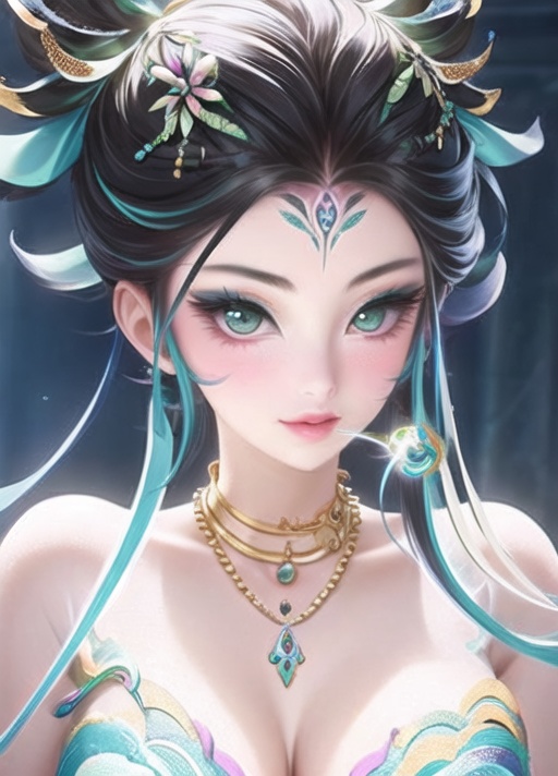 1girl, large breasts, full-face blush, (hair ornament1.4),hair ribbon, jewelry, (cowboy shot1.6), collarbone,trembling, heavy breathing,,wrist cuffs,(neck ribbon1.4),kanzashi,(halterneck1.3),earrings, pet cone,jabot,chain necklace,wrist cuffs,neck garter,leg belt,thighhighs,ankle lace-up,hair flower,high quality, female orgasm,   ,eyeshadow,green eyes,green eyeshadow,  <lora:妲己新-000006:0.78>