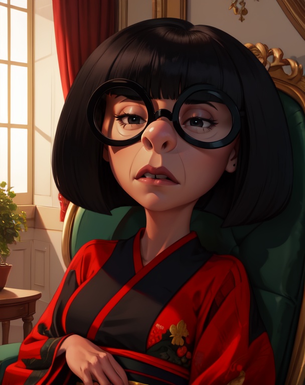 Edna,  black bob cut,  round black-framed eyewear on Tensor.Art