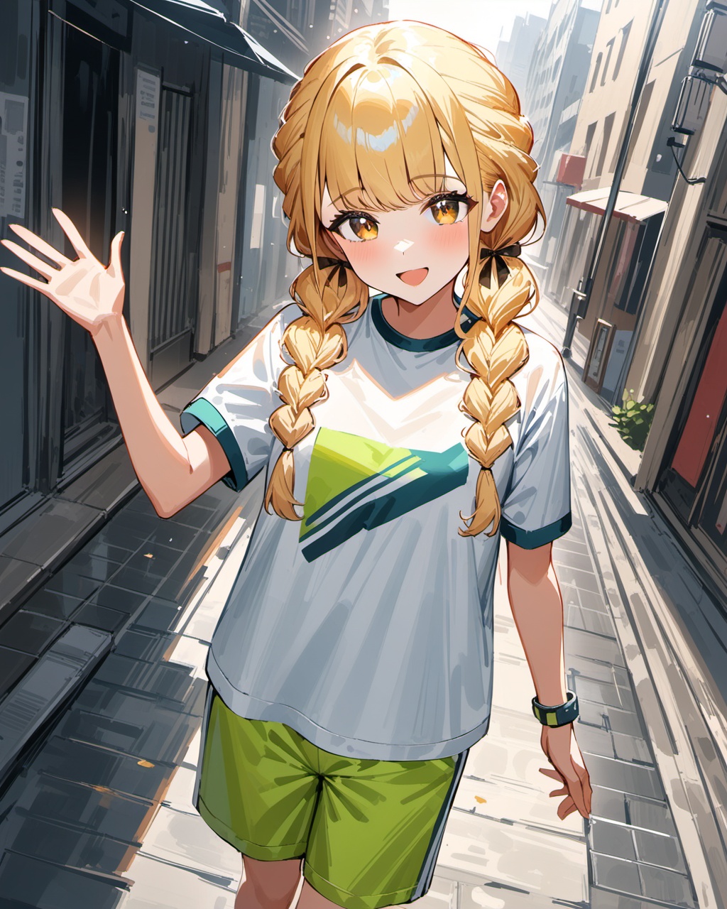 (impasto),best quality,masterpiece,highres,<lora:gakuenidolmaster1-A3:0.5>,kotone fujita,kotone three,blonde hair,braid,twin braids,black socks,shoes,gym uniform,white footwear,green shorts,long hair,short sleeves,brown eyes,clothes painting,outdoor,city,rainning,waving,:d,upper body,looking at viewer,blurry foreground,flowers,Cinematic Lighting,moody lighting,Volumetric Lighting,cinematic_angle,dynamic_angle,