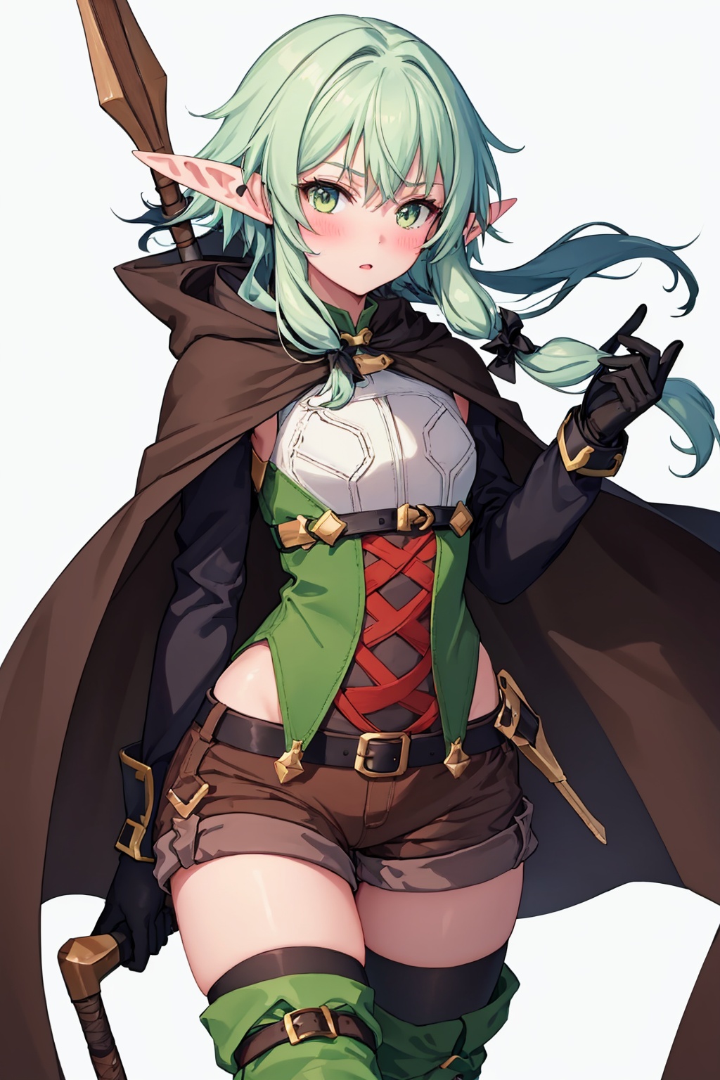 masterpiece,best quality, highly detailed, 1girl,elf,high elf archer (goblin slayer!),solo,brown shorts,black gloves,bow \(weapon\),looking at viewer,simple background,white background,arrow \(projectile\),holding weapon,cloak,thighhighs,closed mouth,short shorts,thigh boots,blush,brown cape,<lora:high_elf_archer_(goblin_slayer):1>