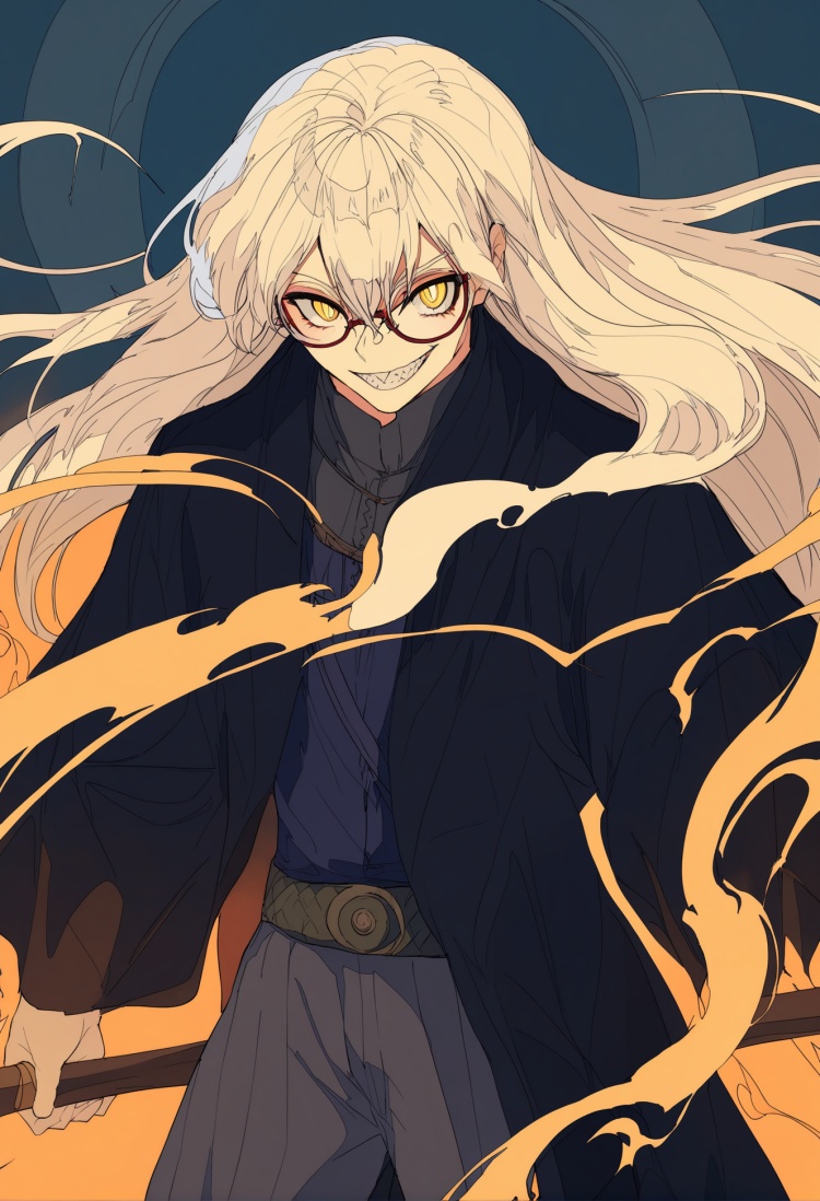 masterpiece, best quality,1boy, male focus, solo, long hair  , white hair, teeth , yellow eyes, glasses, mask, aura, scythe  , fire, looking at viewer, fang ,   <lora:焦茶XLlokr8f-000188:0.95>