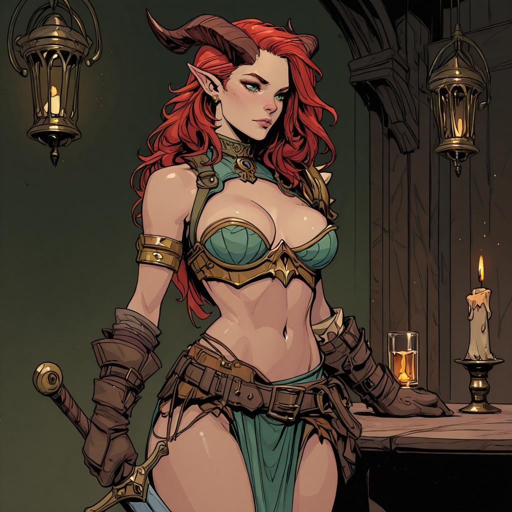 D&D Painterly,  The image shows a woman with red hair and a green top standing in front of a table with a candle and a gla...