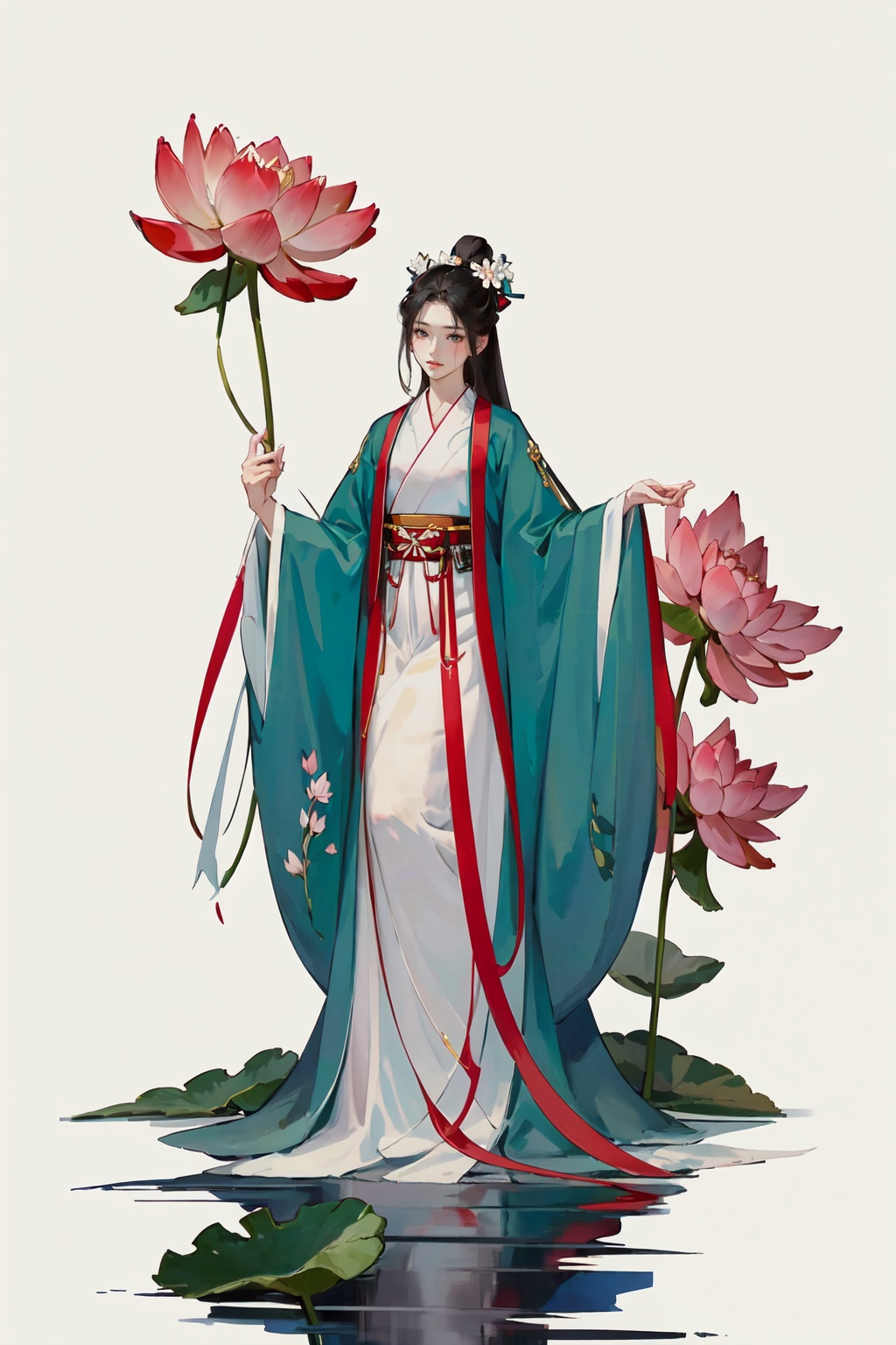 -Hanama wine, 1girl, solo, chinese clothes, long sleeves, hanfu, long hair, flower, holding, hair bun, black hair, wide sleeves, lotus, white background, single hair bun, red ribbon, ribbon, water, simple background, sash, half updo, robe, full body,anime,<lora:Hanama wine V2-000018:0.8>,