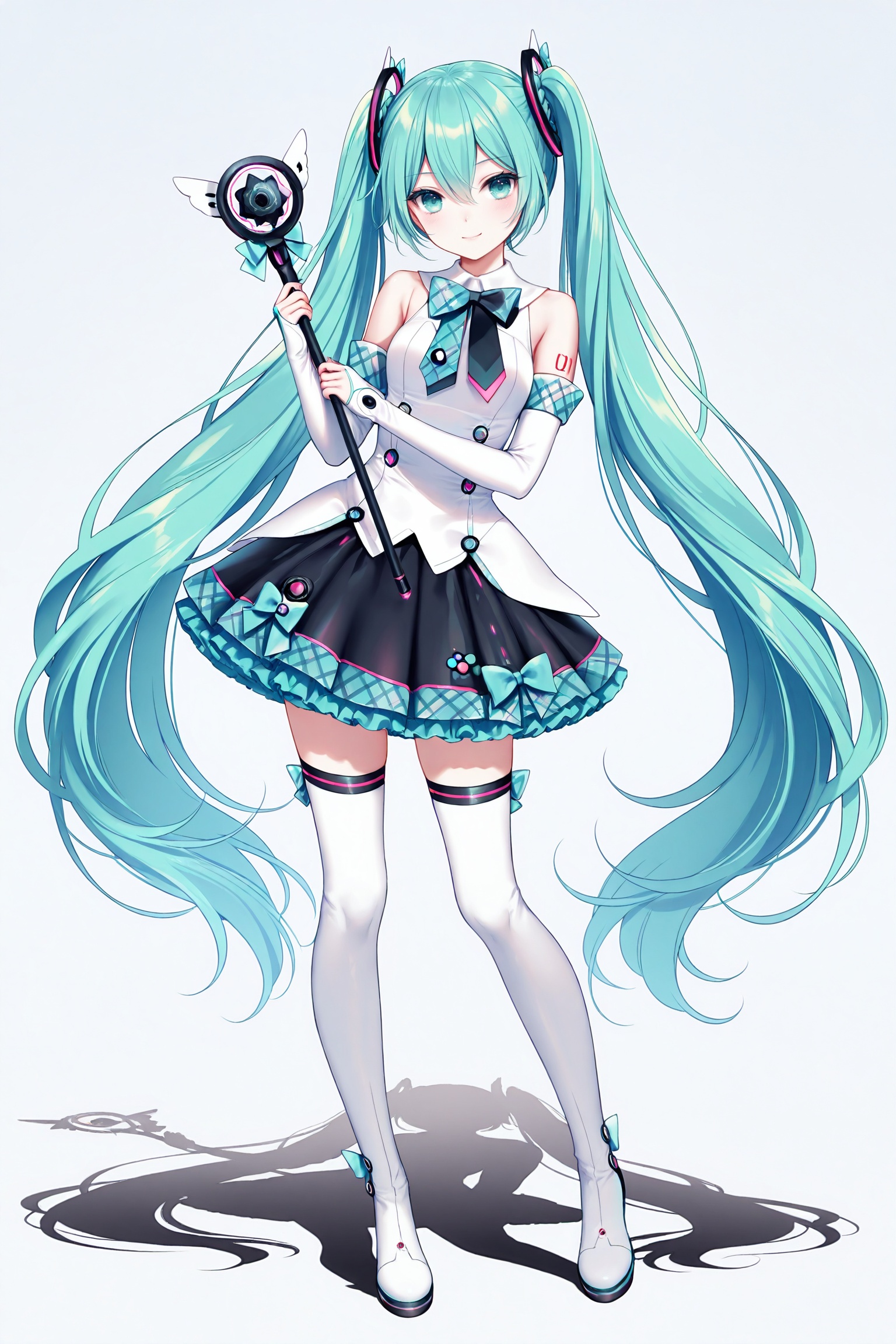 masterpiece,best quality,newest,absurdres,highres,soft shadows,photorealistic,(chen bin:0.5),(hiten \(hitenkei\):0.4),(rimuu:0.5),(mignon:0.5),(sheya:0.6),<lora:MMM2017XLNAI:1>,magical mirai miku \(2017\),hair ornaments,frilled skirt,black skirt,elbow gloves,thigh boots,full body,holding,