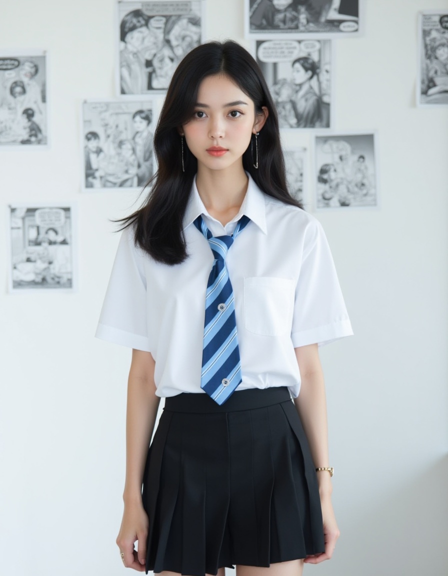 This is a real high-definition photo,In the picture,there is a woman wearing a white short-sleeved shirt and a black pleated skirt,with a blue and white striped tie. She has long black hair,stand facing the camera,and her eyes are looking at the camera. She appears to be around 20 years old,slim,and her expression is calm. Her outfit consists of a white short-sleeved shirt,a blue and white striped tie,and a black pleated skirt. Her hair is flowing freely without bangs. The background is a white wall,hanging some black and white comics,neomj,