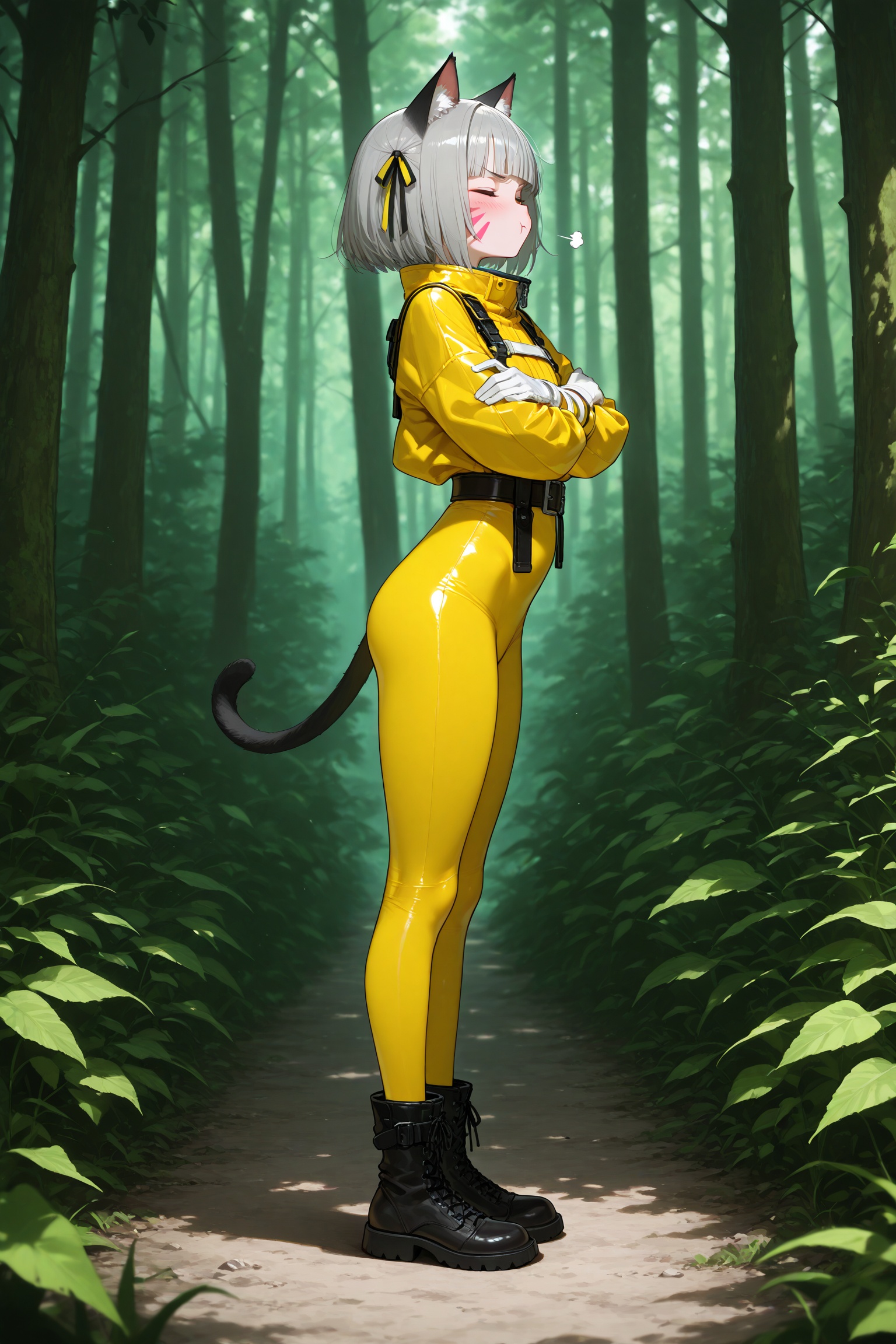 masterpiece,best quality,amazing quality,very aesthetic,absurdres,newest,1girl,solo,xc2N1a,cat ears,grey hair,short hair,blunt bangs,facial mark,hair ribbon,yellow bodysuit,long sleeves,belt,white gloves,boots,full body,closed eyes,pout,crossed arms,blush,from side,forest,