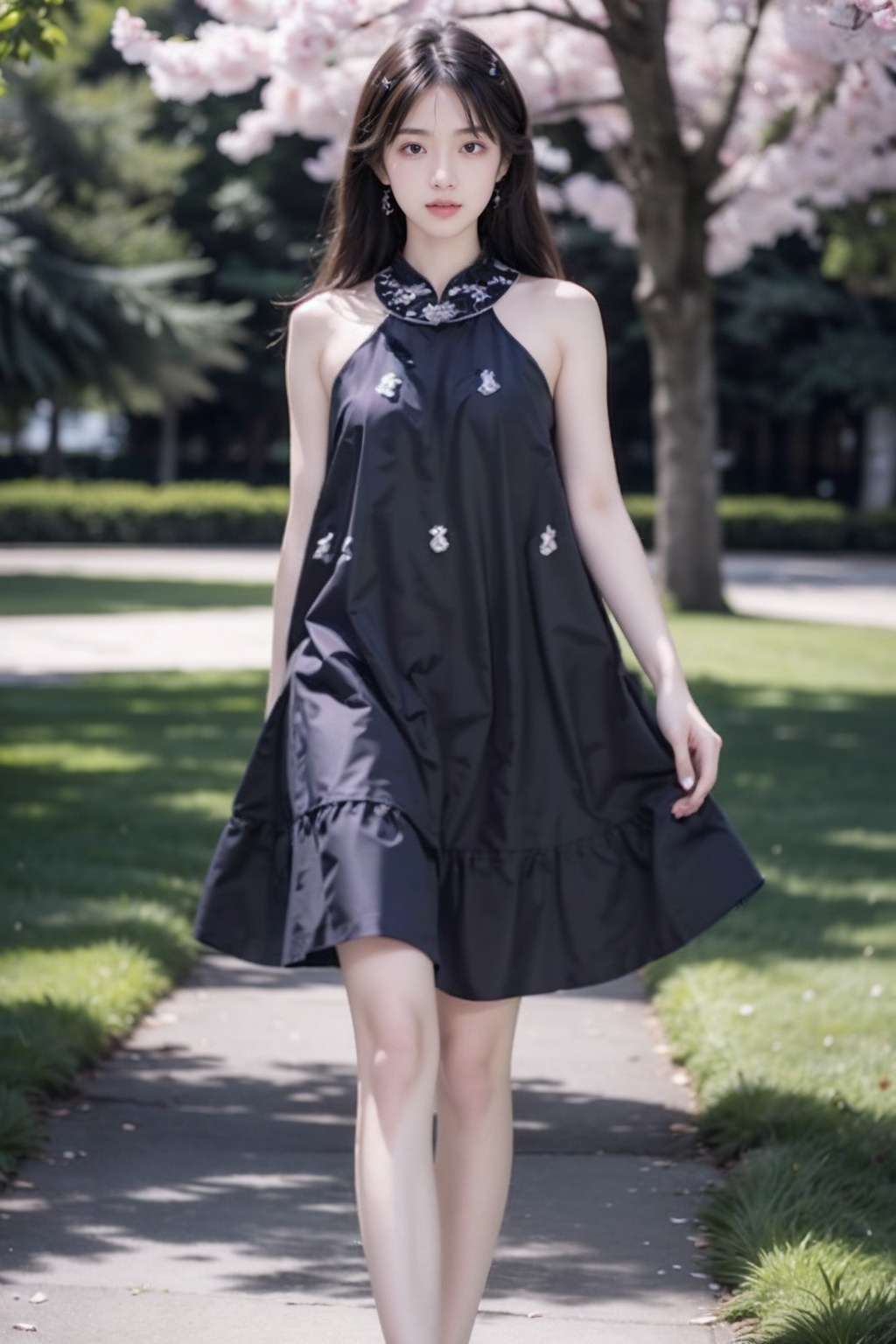 realistic,photo,masterpiece,highest quality,exquisite details,amazing art,realistic details,pretty face,real skin,8K,RAW,movie lighting,soft light,shallow depth of field,bokeh,dreamy,1girl,huge breasts,long hair,black hair,standing,full body,(solo,lakeside,in spring,park),<lora:add_detail:0.5>,<lora:VeryLongLegs_v2:0.4>,very_long_legs,<lora:ENNE 黑色无袖连衣裙_v09:1>,sleeveless dress,