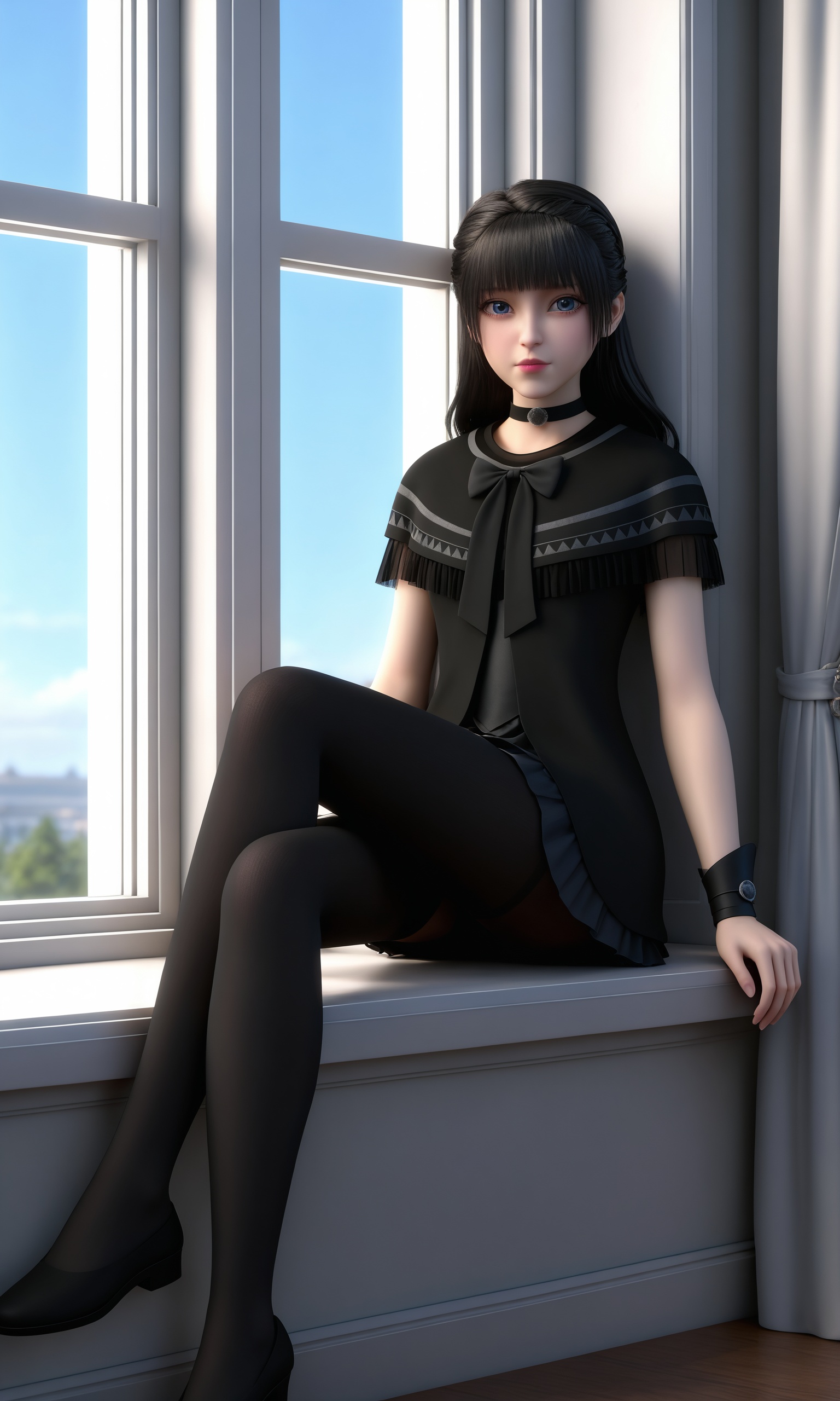 <lora:紫川-紫川宁-黑色睡裙Pony:0.8>,1girl,straight,jet-black hair,bangs,striking blue eyes,choker and,black,short-sleeved dress,high collar,large bow,flared skirt that ends at mid-thigh,black tights and black flats,sitting,window,