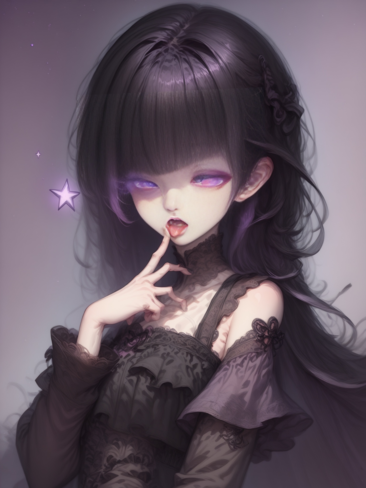 score_9, score_8_up, score_7_up, score_6_up,girl, solo, Long hair, black hair, purple gradient hair, purple eyes, blunt bangs, hair over one eye, glowing eyes, gothic, lace_trim, long sleeves, frilled shirt, detached_sleeve, upper body, (half-closed eyes), chibi, blurry_foreground, night, shooting stars, looking at viewer, tongue out, fang, finger_to_mouth,  <lora:Asekkk pony re a:1>