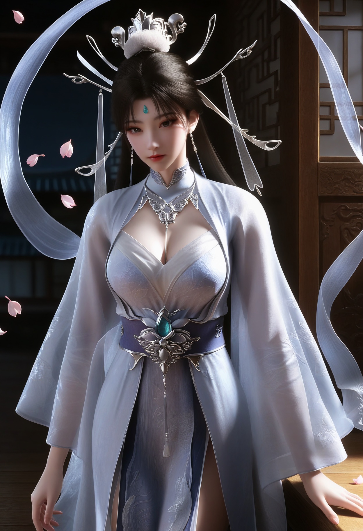masterpiece,best quality,amazing quality,very aesthetic,high resolution,ultra-detailed,absurdres,scenery,photorealistic,(looking at viewer:1.1),upper body,(Dark room:1.3),(moody lighting:1.1),peach blossom,falling petals,(large breasts:0.8),chuyue,1girl,solo,black eyes,black hair,long hair,earrings,jewelry,dress,white dress,hair ornament,chinese clothes,forehead mark,hair bun,expressionless,closed mouth,long sleeves,shawl,shoes BREAK photorealistic details,<lora:QQSillchuyueV1:0.8>,