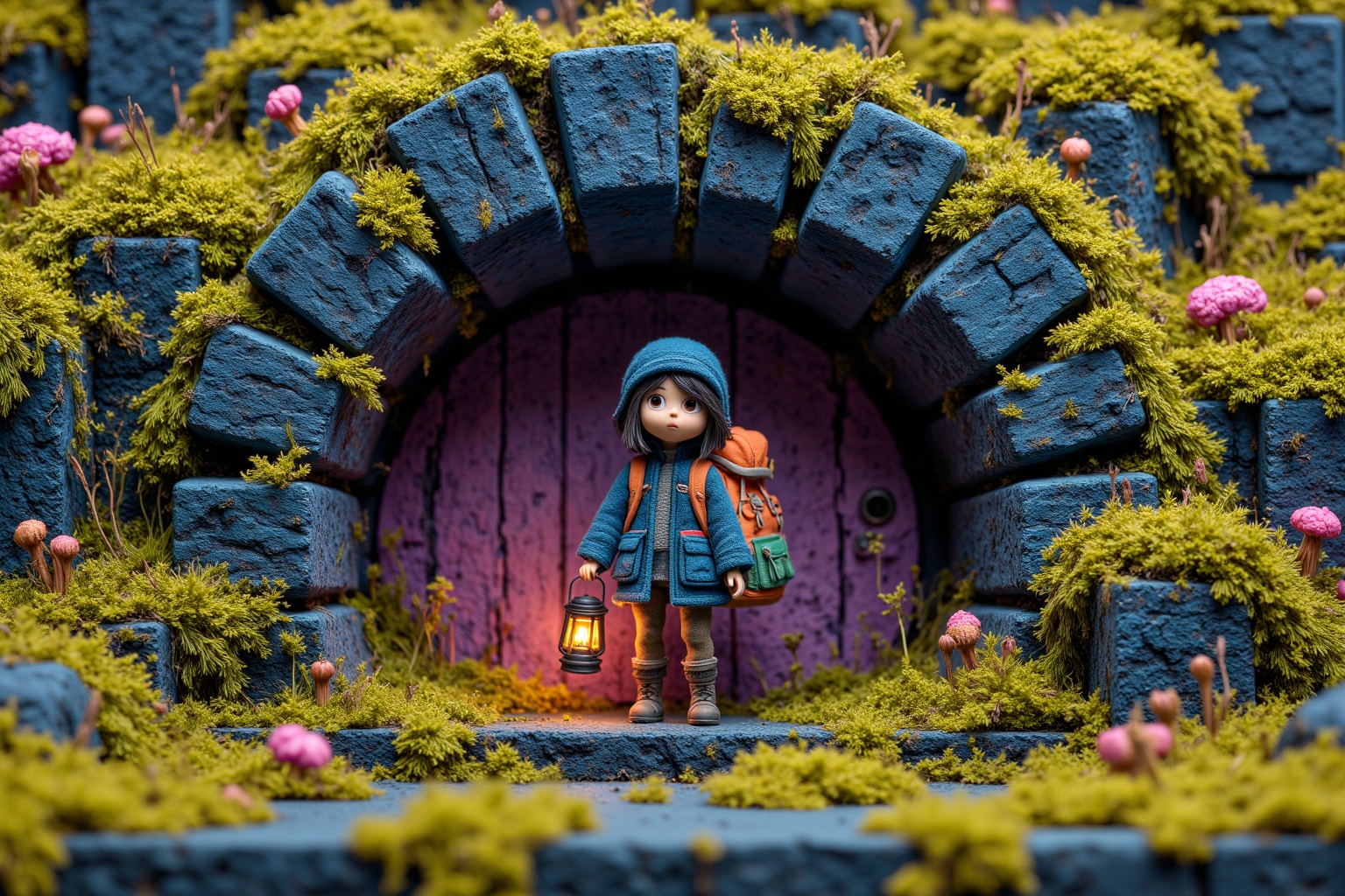 beijihui,a doll stands in front of a cave entrance. The doll,dressed in a blue coat,is holding a lantern in one hand and a backpack in the other. The backpack is orange,with a green bag on the other side of it. The door of the cave is a deep purple,and it is covered in moss and rocks. There are pink flowers scattered around the cave entrance,adding a pop of color to the scene.,