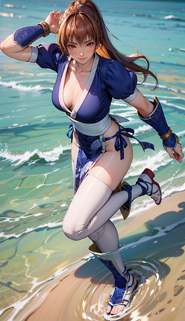 kasumi,1girl,solo,medium breasts,closed mouth,Best quality,masterpiece,ultra high res,high quality,8k,wallpaper,fine lineart,highly detailed,absurdres,<lora:kasumisuit4r-000005:0.8>,pelvic curtain,arm guards,shin guards,<lora:add_detail:0.3>,(water:1.1),(wading:1.1),from above,looking at viewer,(blush:1.2),(standing on one leg:1.1),