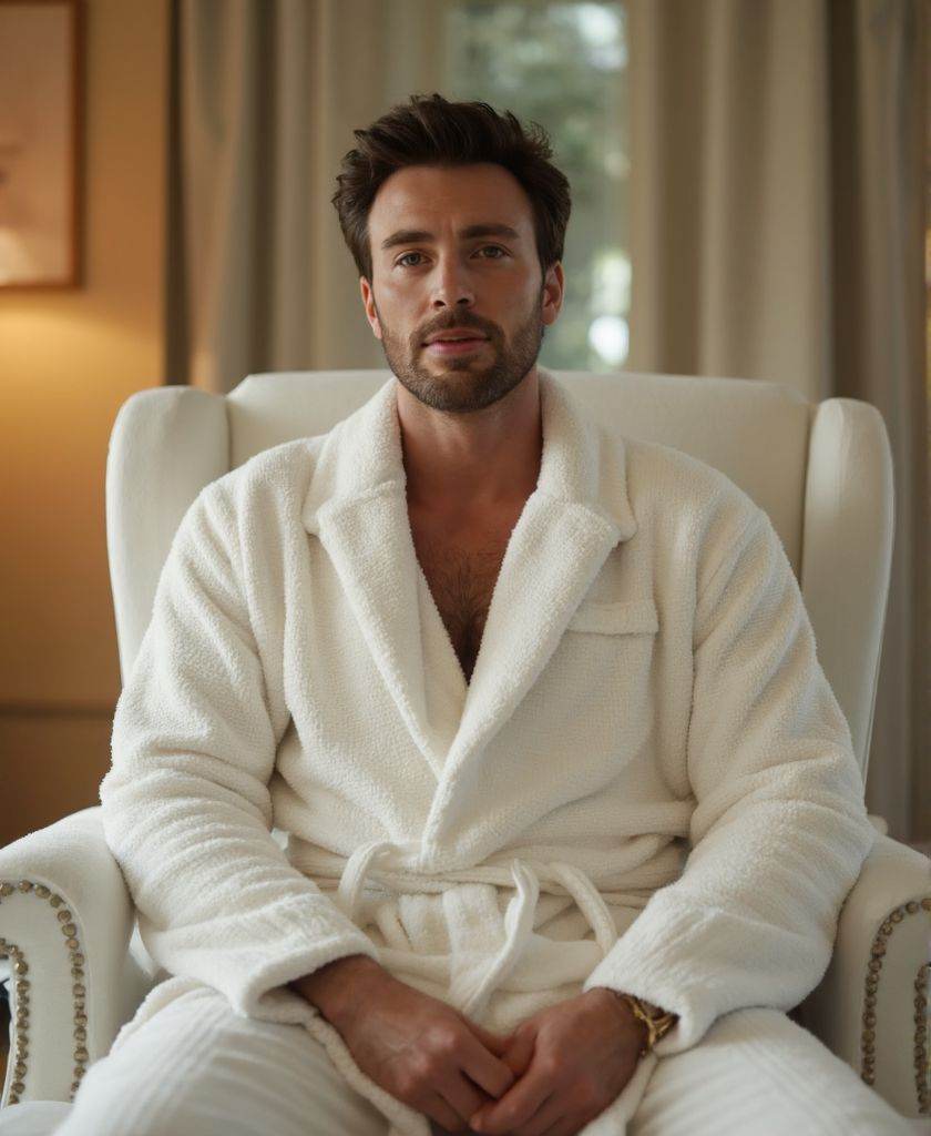 c3v4n ,  high-resolutiuon photograph,  wearing fitted fluffy white bathrobe. He is sitting on a chair in the spa area of a...