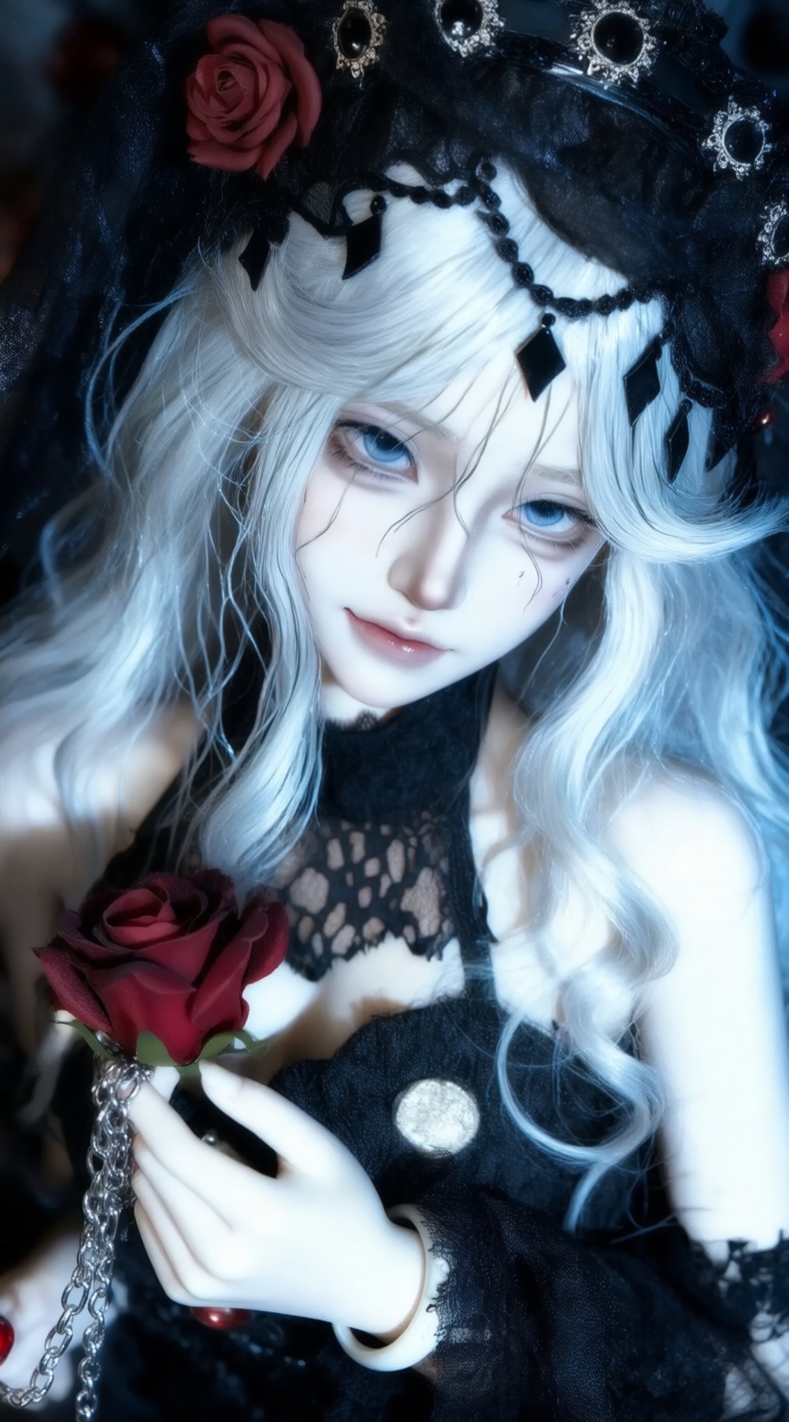 a photo-realistic shoot from a close-up camera angle about a young woman with pale skin and long, wavy silver hair, wearing a black lace dress and a black headpiece adorned with red roses, the subject, a 1girl, is positioned in the middle of the image, looking directly at the viewer with a serene expression, she has pale skin, blue eyes, and a subtle smile, her hair is styled in loose waves and falls down her back, framing her face, she is holding a red rose in her left hand and a silver chain bracelet in her right hand, adding a touch of elegance to her outfit, the background is blurred, focusing attention on the subject, the lighting is soft and diffused, creating a moody atmosphere, the overall effect is dark and gothic, with a focus on the characters delicate features and intricate details,, Negative prompt: ng_deepnegative_v1_75t,(badhandv4:1.2),EasyNegative,(worst quality:2),,nsfw, Steps: 30, Sampler: Euler, CFG scale: 6.0, Seed: 2763977612, Size: 1142x2048, Model hash: 98763a1277, Model: Qwen-Image_1.0.safetensors, Denoising strength: 0, RNG: CPU, Lora 1: ZOZ_湿润特效, Lora Hash 1: 36836624eb, Lora Weight 1: 0.8, vae_name: automatic