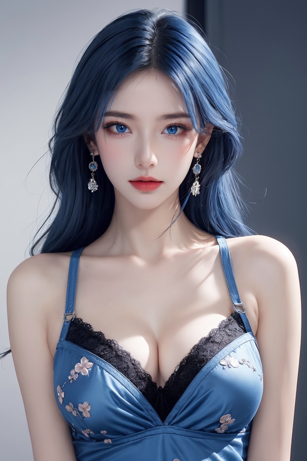 1girl, blue eyes, blue hair, bra, breasts, cleavage, collarbone, earrings, floral print, grey background, jewelry, lace, lace-trimmed bra, lace bra, lace trim, large breasts, long hair, looking at viewer, solo, underwear, upper body ,(blue eyes and blue hair beauty:1.2)  <lora:蓝色:1>