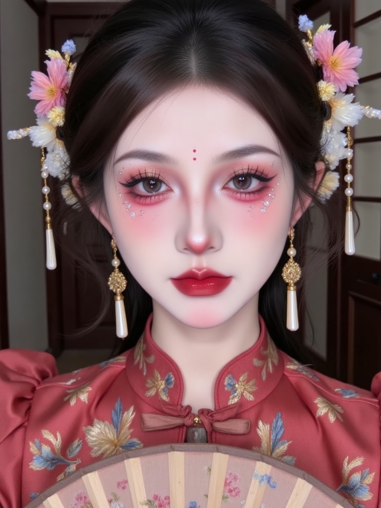 Close up of her face shows that she has fair skin and is wearing delicate floral decorations and a pearl necklace. She has a delicate and symmetrical face,pink eye shadow,long eyelashes,red lipstick. She is wearing Chinese red Xiuhe clothes,high collars,patterns of gold thread embroidery decoration. She holds a round fan in her hand. The background is an ancient interior,with precious mahogany decoration style,curtains,and windows,