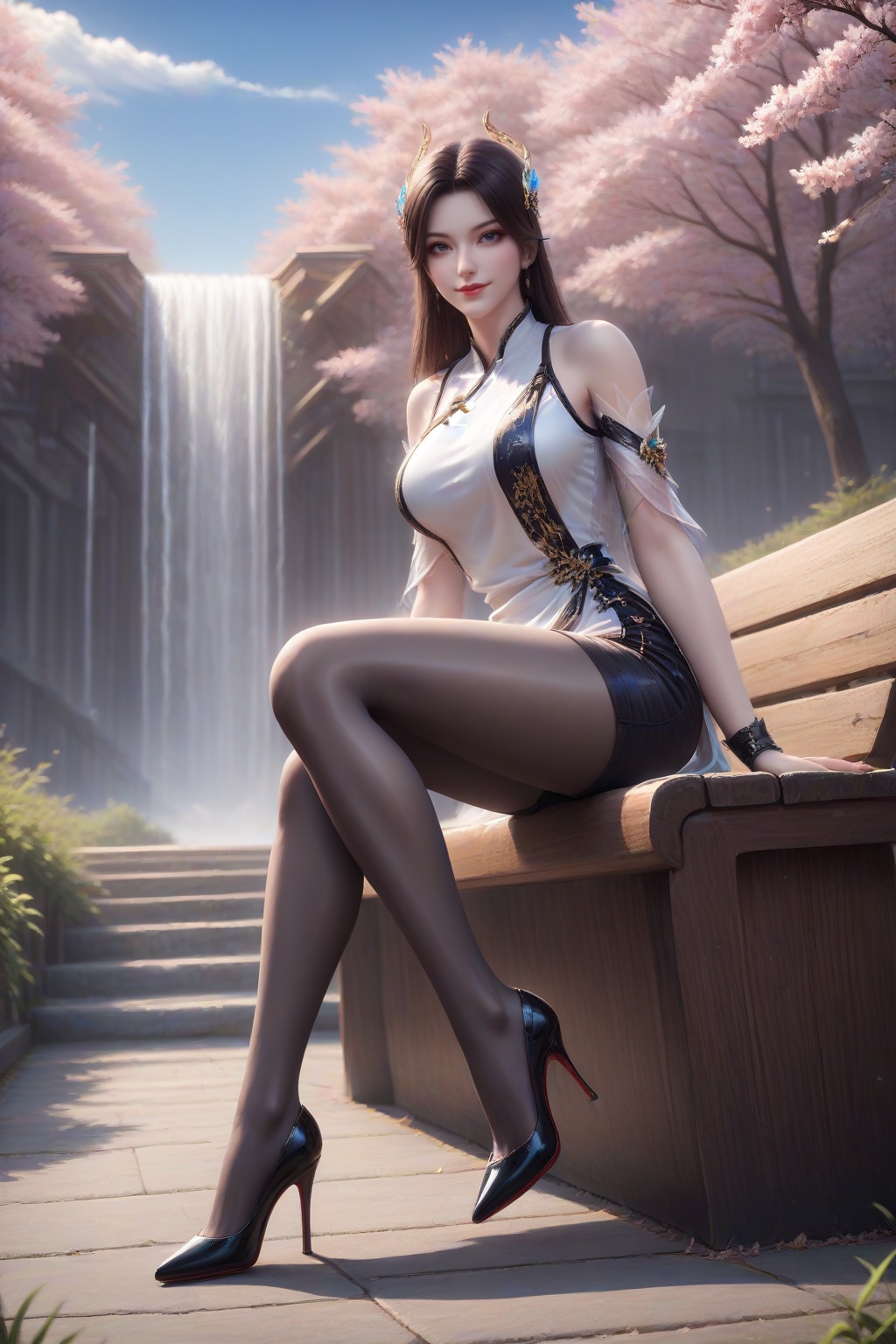 <lora:caoying_v1-000024:0.5>,caoying,1girl,long hair,hair ornament,solo,lips,lipstick,breasts,brown hair,black hair,(full body:1.2),looking at viewer,dynamic pose,light smile,sitting,leaning back,arm support,(outdoors,day,waterfall,sky,cloud,park,park bench,lamppost,),masterpiece,highres,absurdres,best quality,8K,high-res detailed,(alternate costume:1.5),(white costume:1.5),china dress,chinese clothes,(puffy_shorts:1.2),looking at viewer,dynamic pose,shadow,outdoors,wall,sky,blue sky,cloud,<lora:DetailedEyes_V3:0.5>,<lora:sh-glossy_r2:0.5>,(black_pantyhose:1.2),high heels,louboutin heels,black heels,red bottom heels,footwear,<lora:Louboutin_Heels__PONY:0.5>,<lora:LegLength&Muscular_400steps:1.5>,yokozuwari,