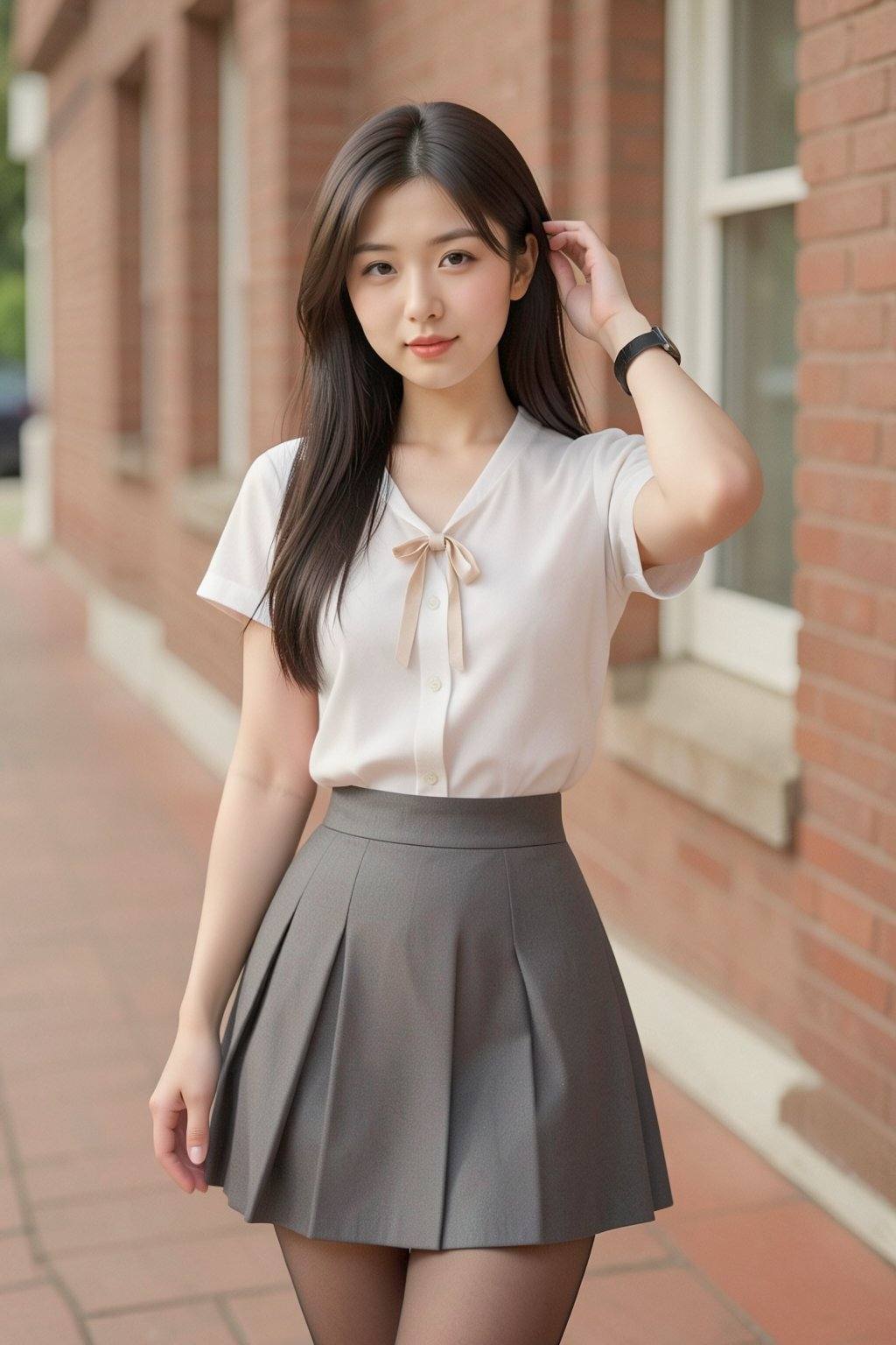 The image depicts a young Asian woman standing outdoors on a brick-paved sidewalk next to a red brick building. She has lo...